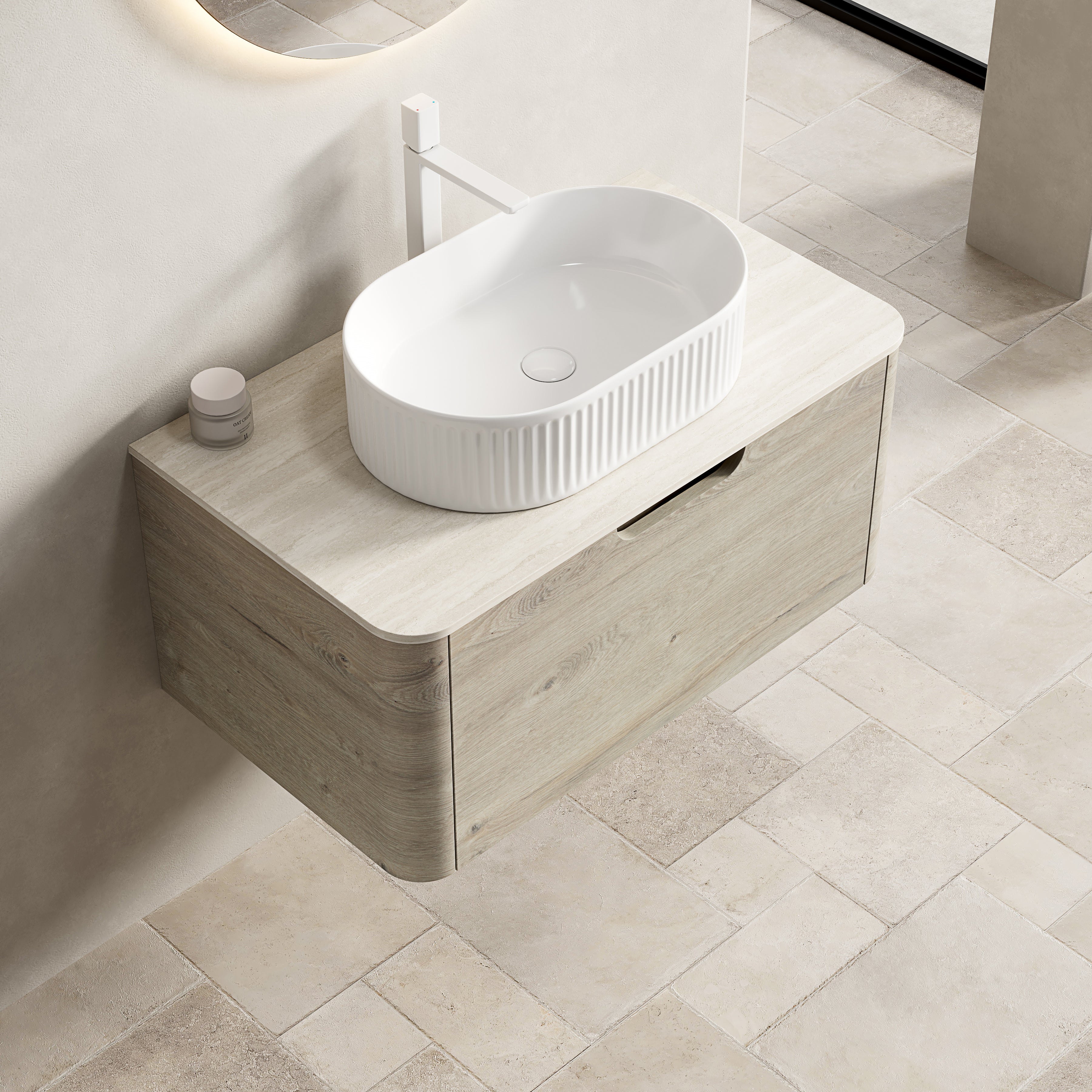 Logidon 80 cm floating bathroom furniture with travertine sintered stone top