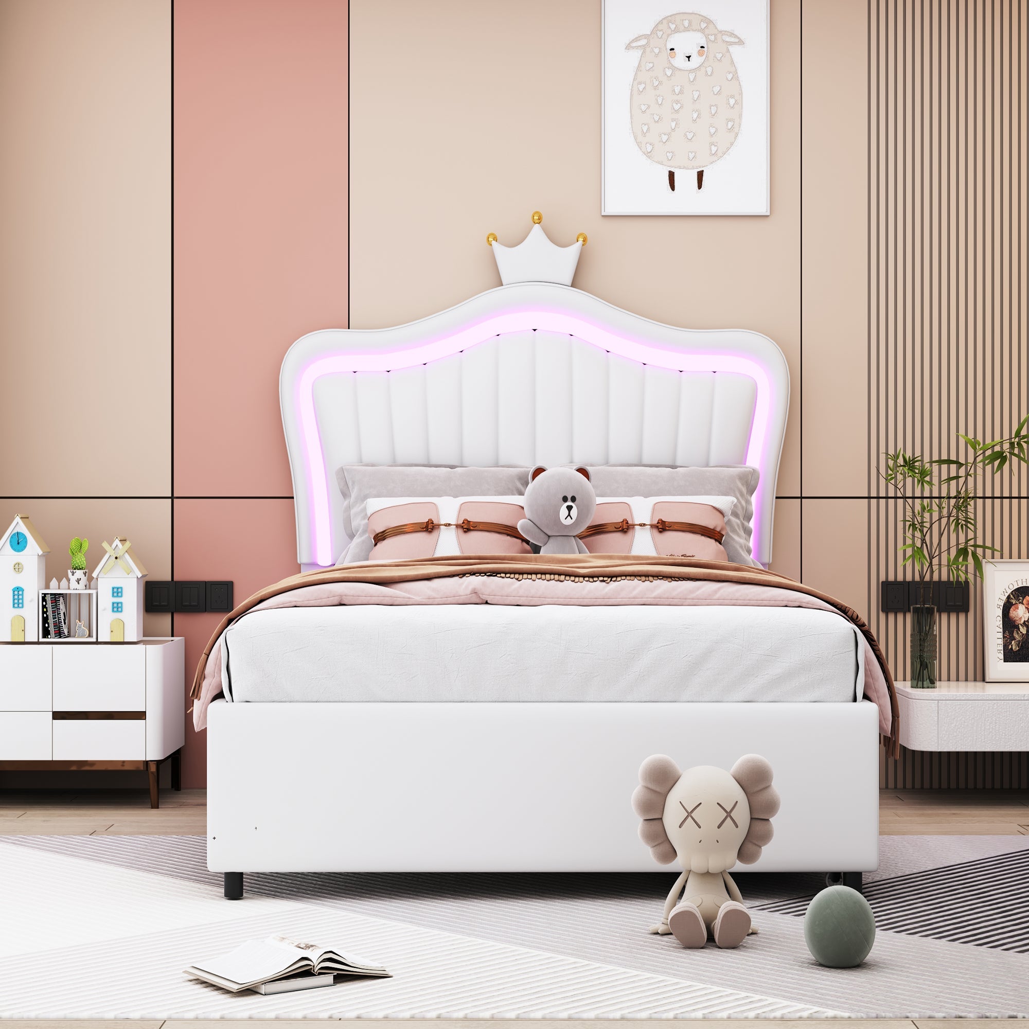 Logidon kinderbed 90x200 wit kroonbedframe LED opbergruimte