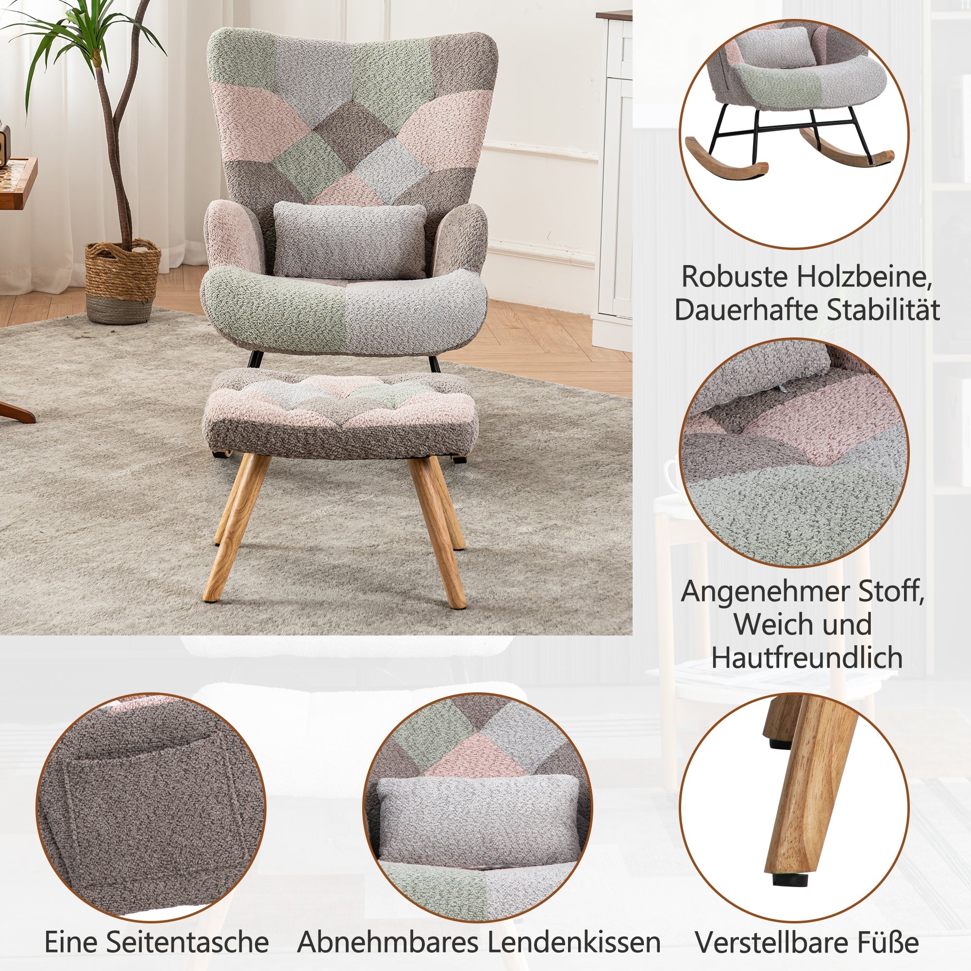 Logidon Velvet schommelstoel veelkleurig 93 cm hoogte met voetsteun