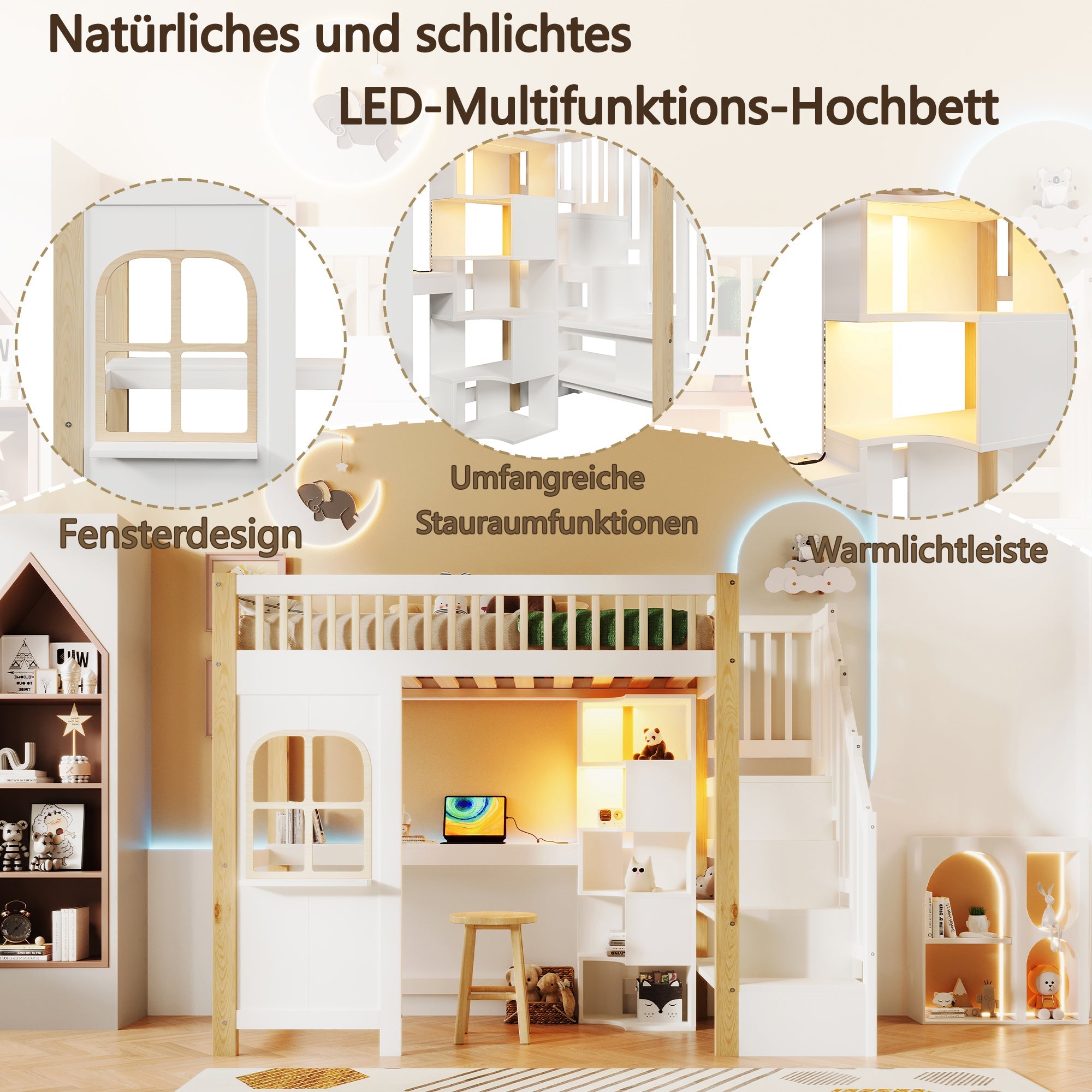 Logidon hoogslaper 90x200cm met LED verlichting raamvorm wit naturel
