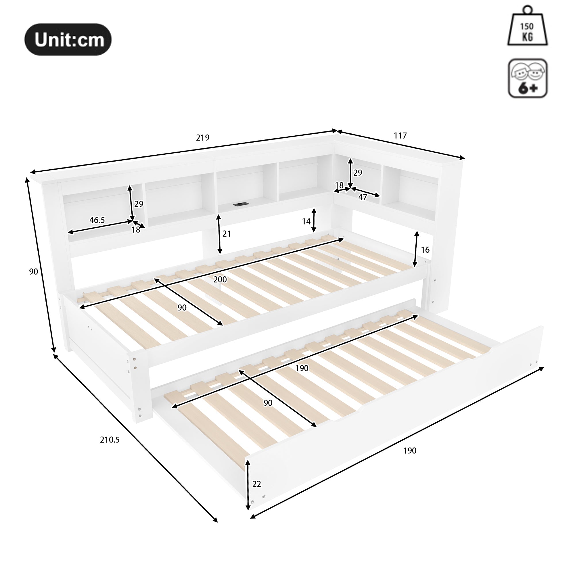 Logidon Daybed 90x200 cm witte slaapbank met USB-aansluiting