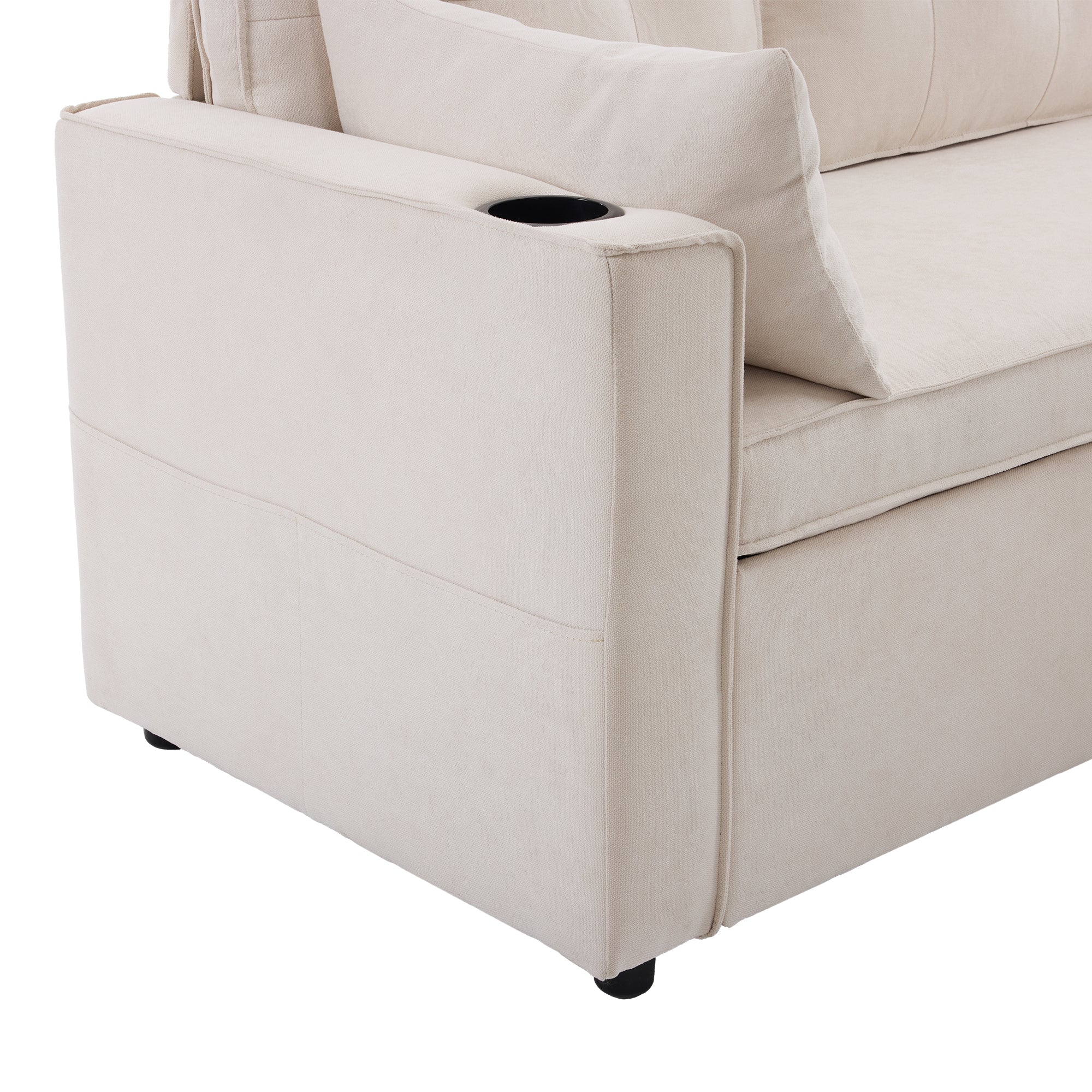 Logidon slaapbank L-vorm beige stof met opbergruimte en bekerhouder