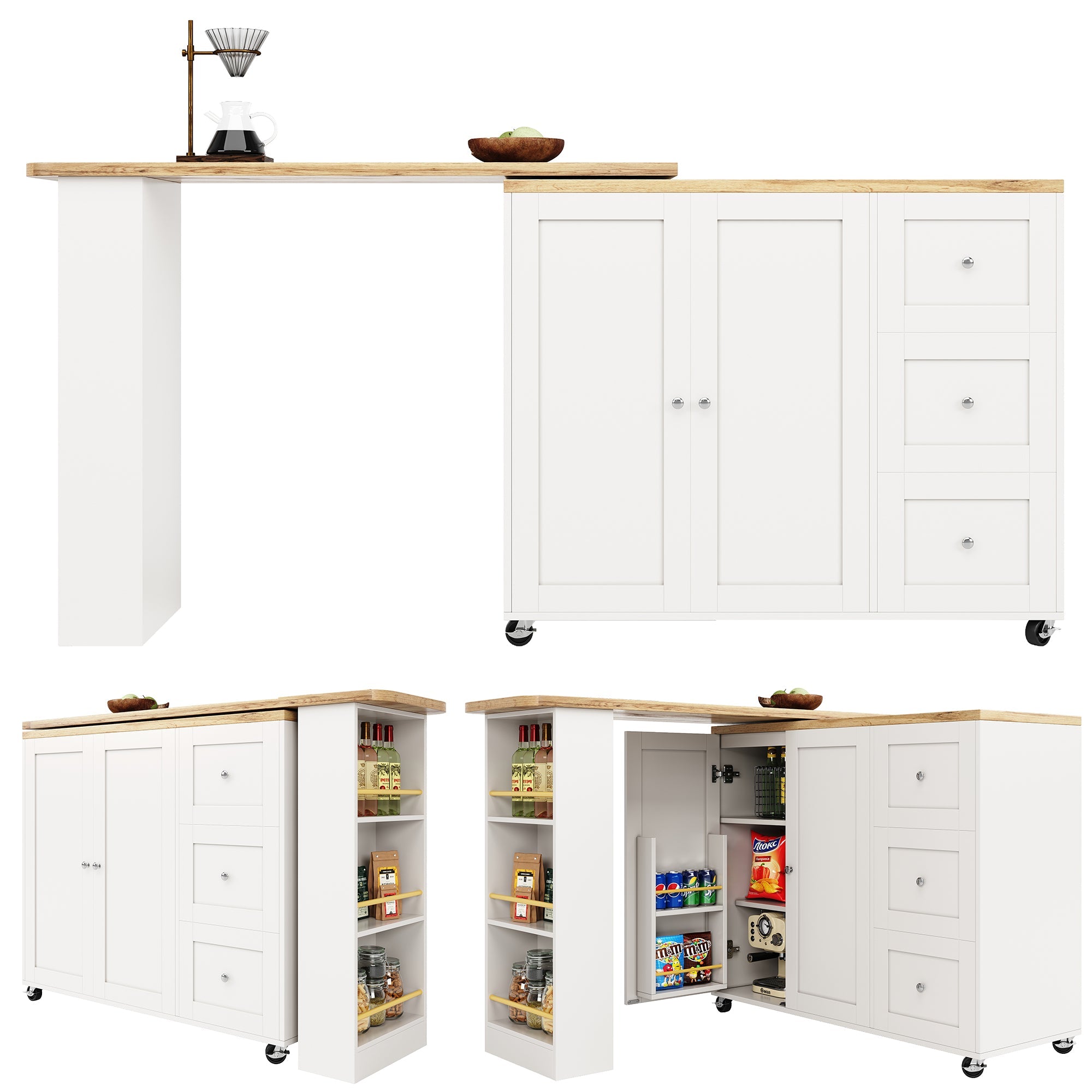 Logidon Swivel Dining Table White with Wheels Three Drawers 138-209 cm