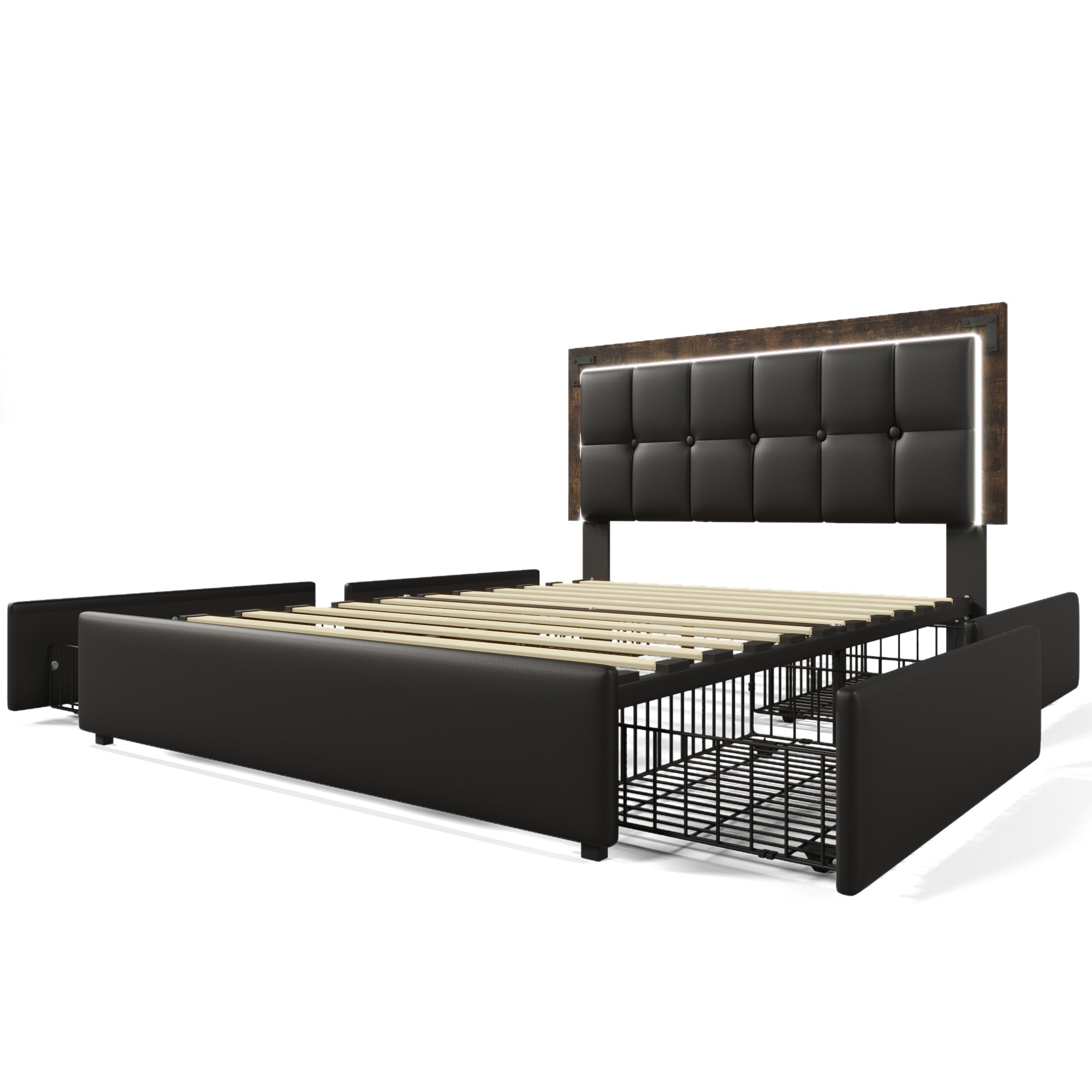 Logidon bedframe 140x200 met LED-verlichting 4 lades zwart