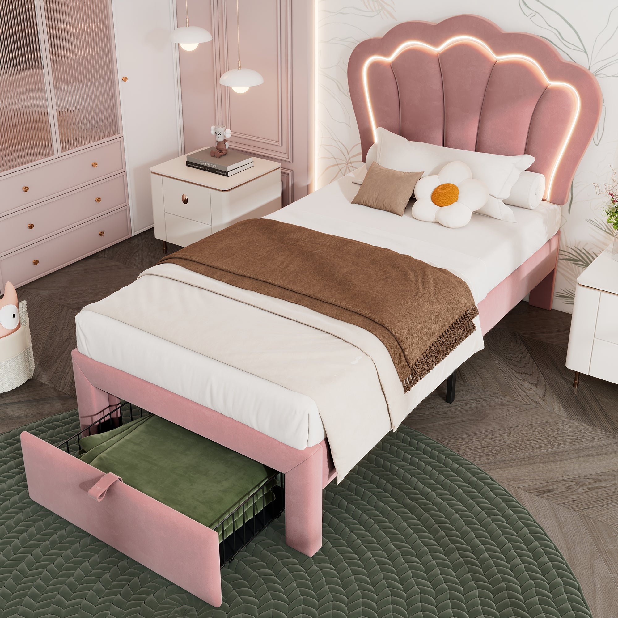 Logidon Kinderbed LED 90x200 Roze met Laden App Bediening