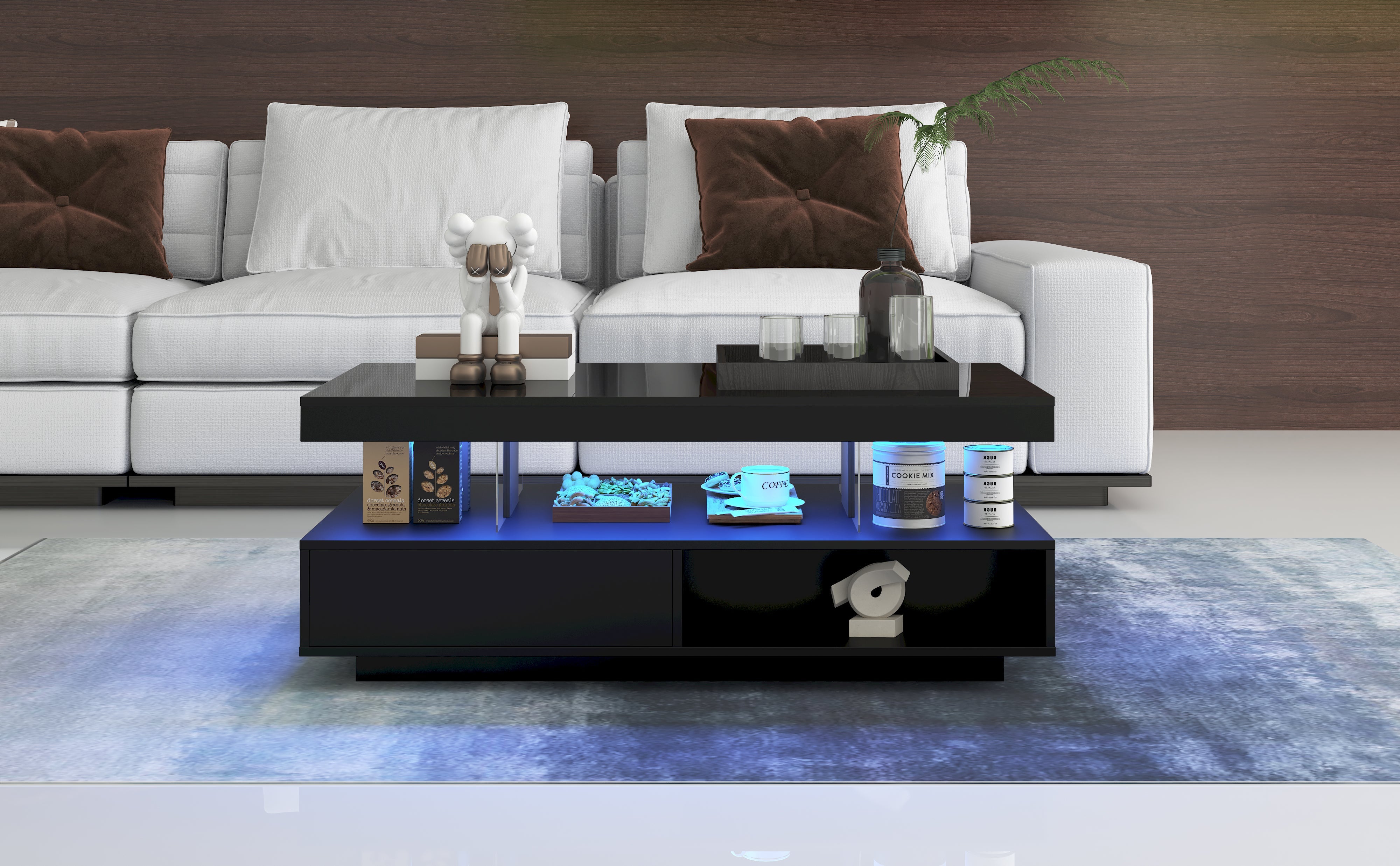 Logidon hoogglans salontafel zwart 95x50x42,5 cm glazen bladen