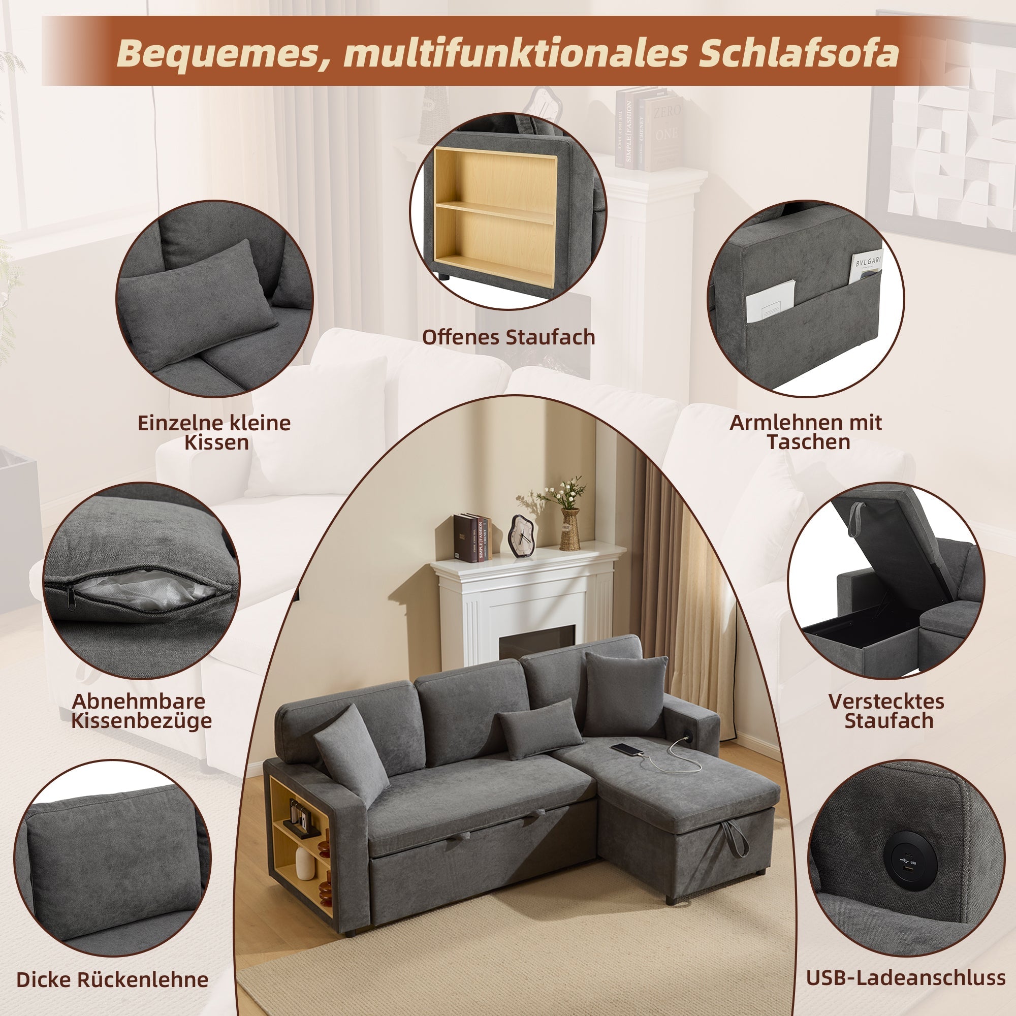 Logidon Corner Sofa Gray Extendable Bed With Bed Box Shelf 214x131