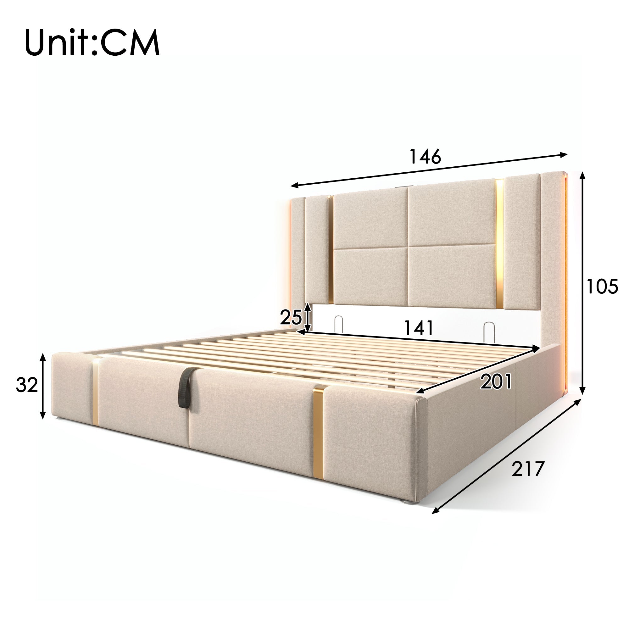 Logidon tweepersoonsbed 140x200 USB C oplaadfunctie APP LED beige linnen