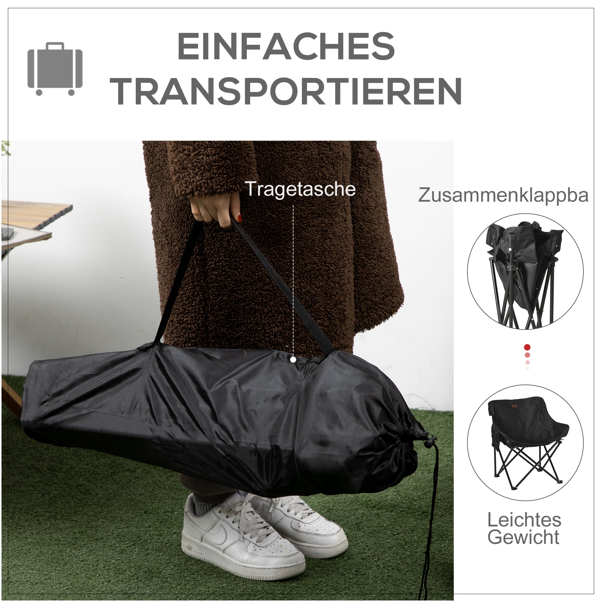 Logidon Opvouwbare Campingstoel Zwart met Zijvak en Draagtas