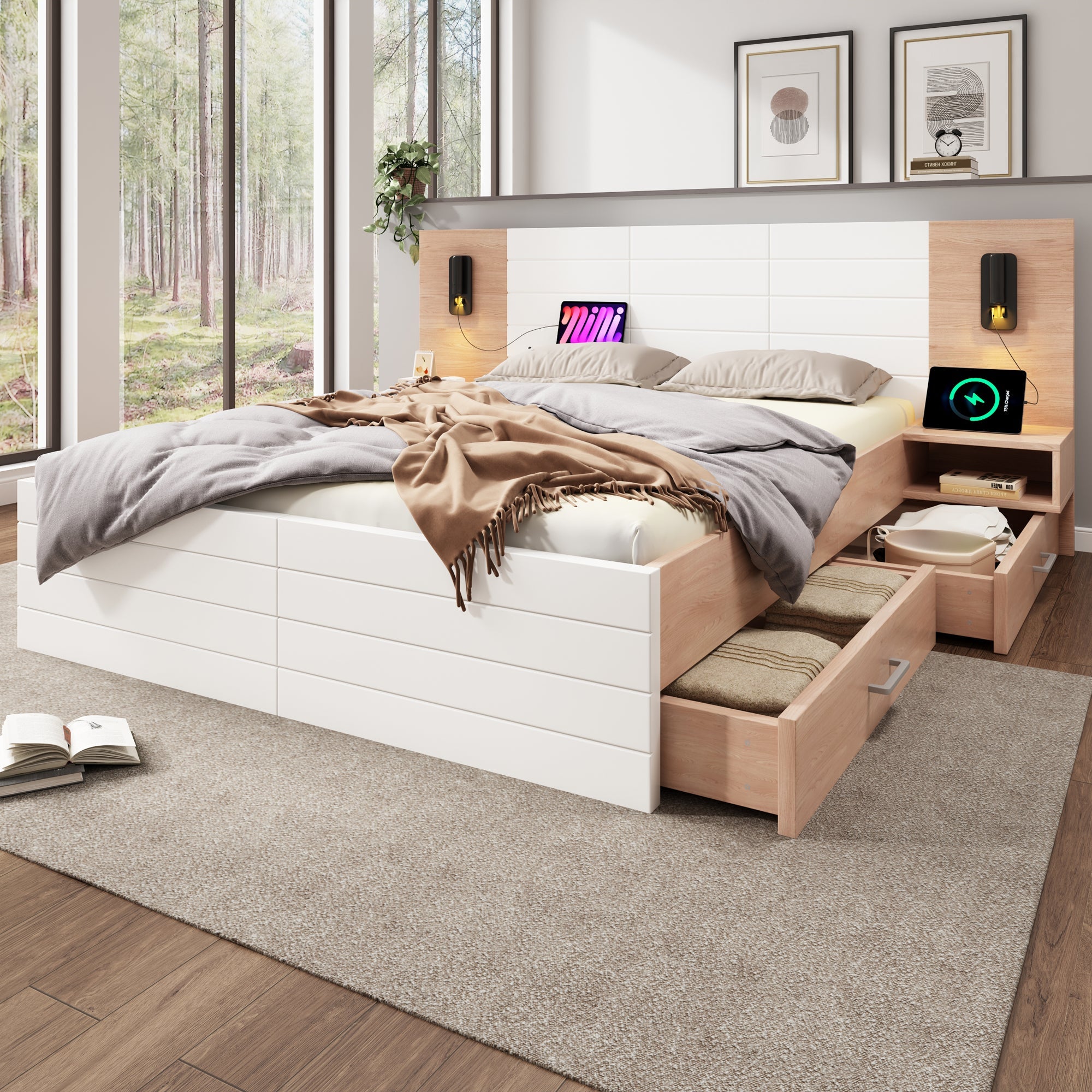 Logidon tweepersoonsbed 160x200 cm in wit eikenhout met 2 laden
