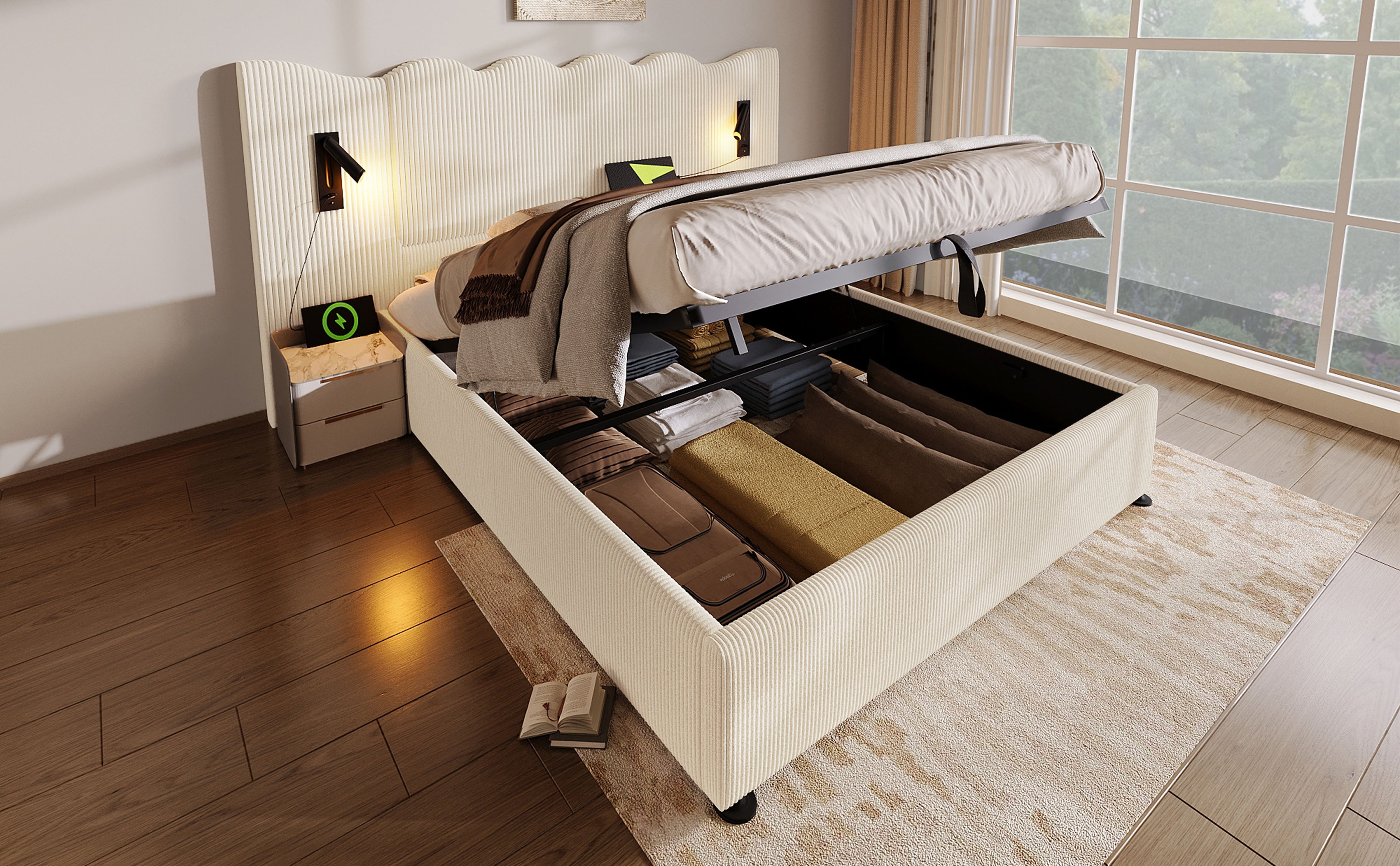 Logidon gestoffeerd bed tweepersoonsbed 180x200 beige-wit leeslamp USB-C opladen