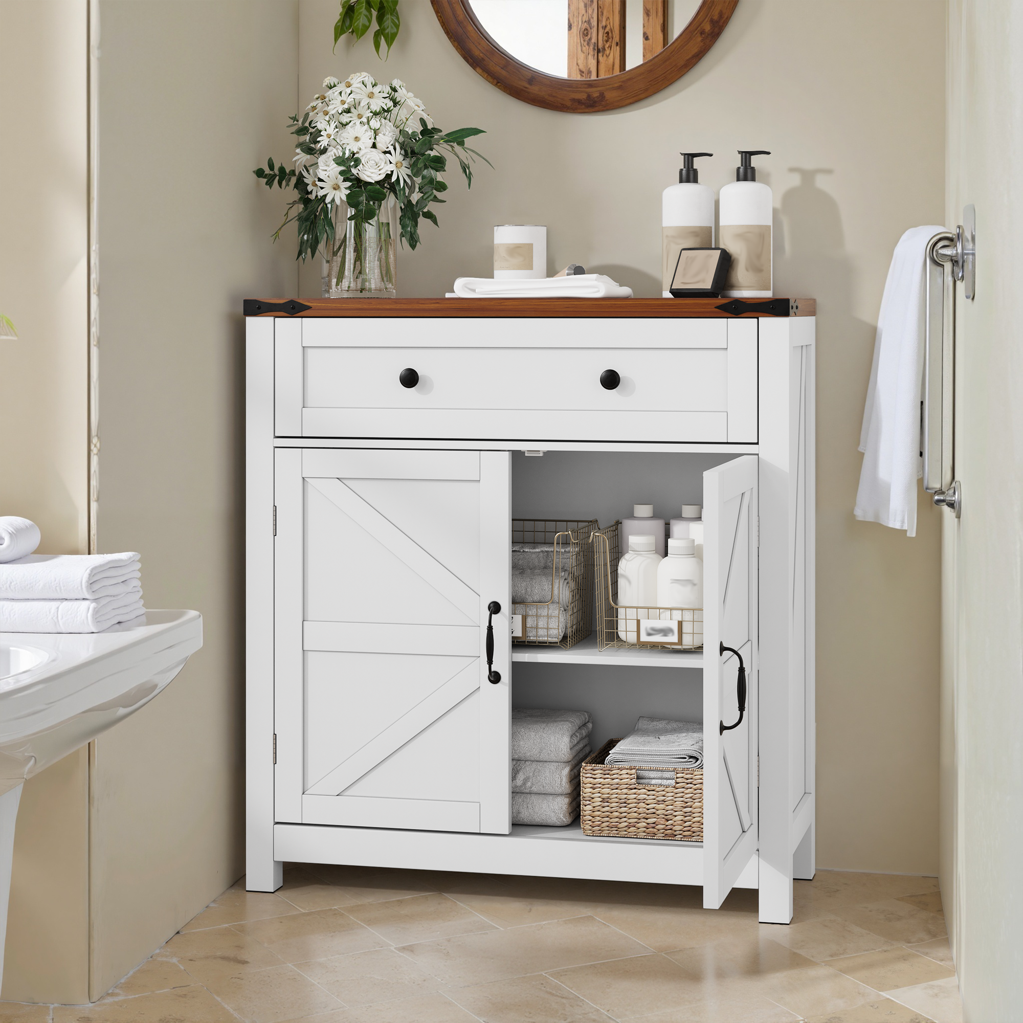 Logidon Farmhouse Buffet Box 76 cm White With Drawers Walnut Top