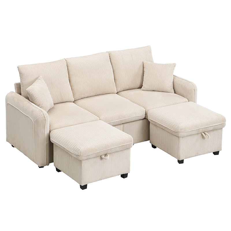 Logidon hoekbank U-vorm beige corduroy stof met opbergvak en slaapfunctie