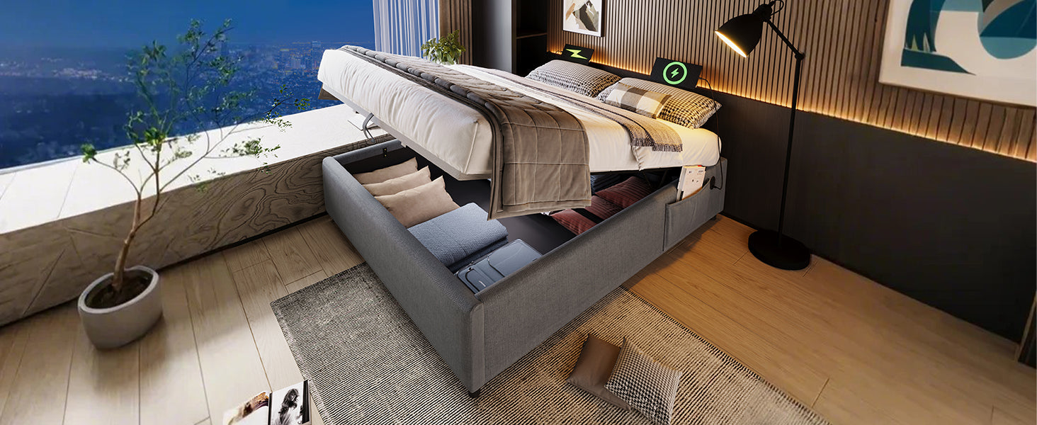 Logidon upholstered bed 160x200 gray with USB C and full-surface slatted frame