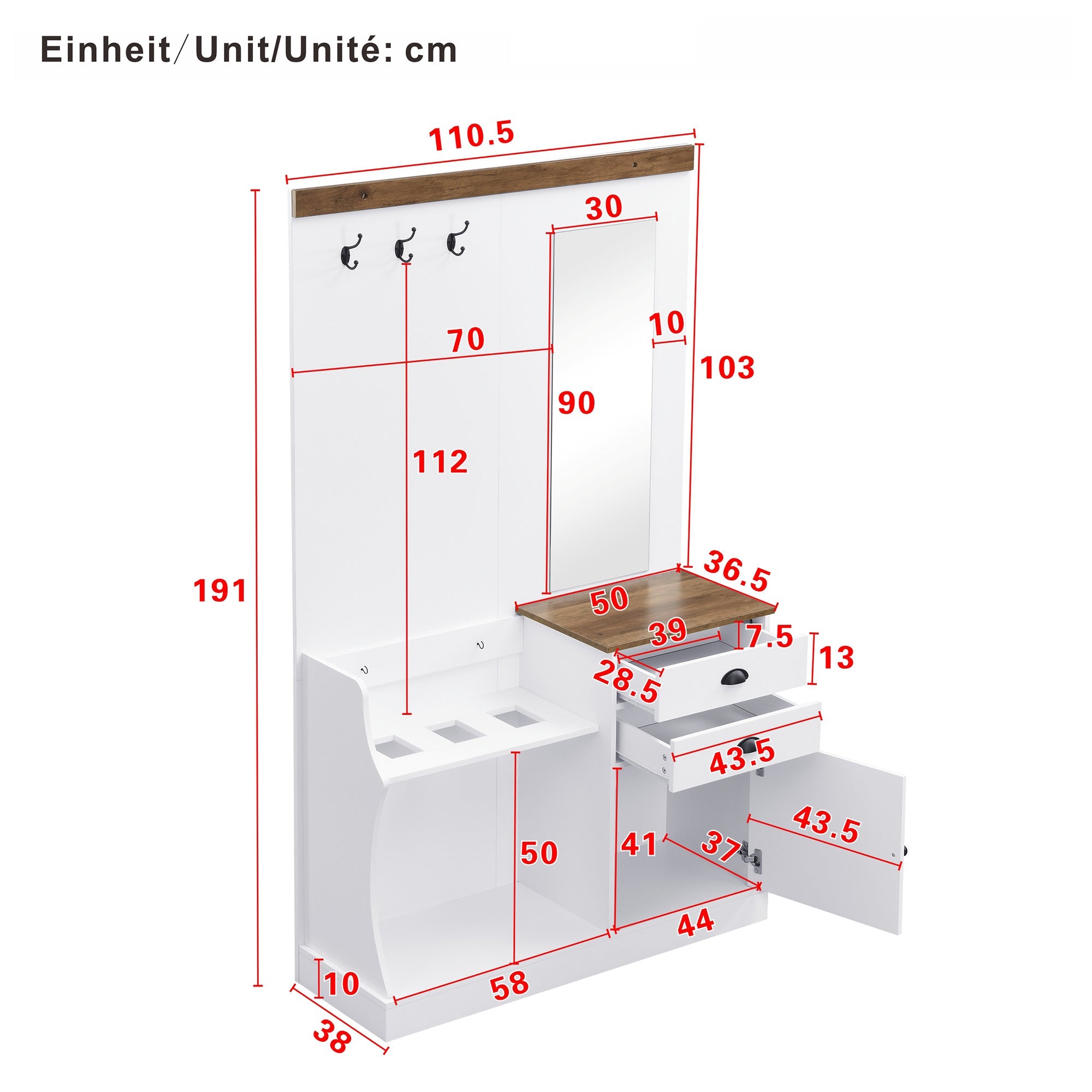 Logidon Kledingkastset Met Spiegel, Haken En Laden Wit 110x38x191 cm