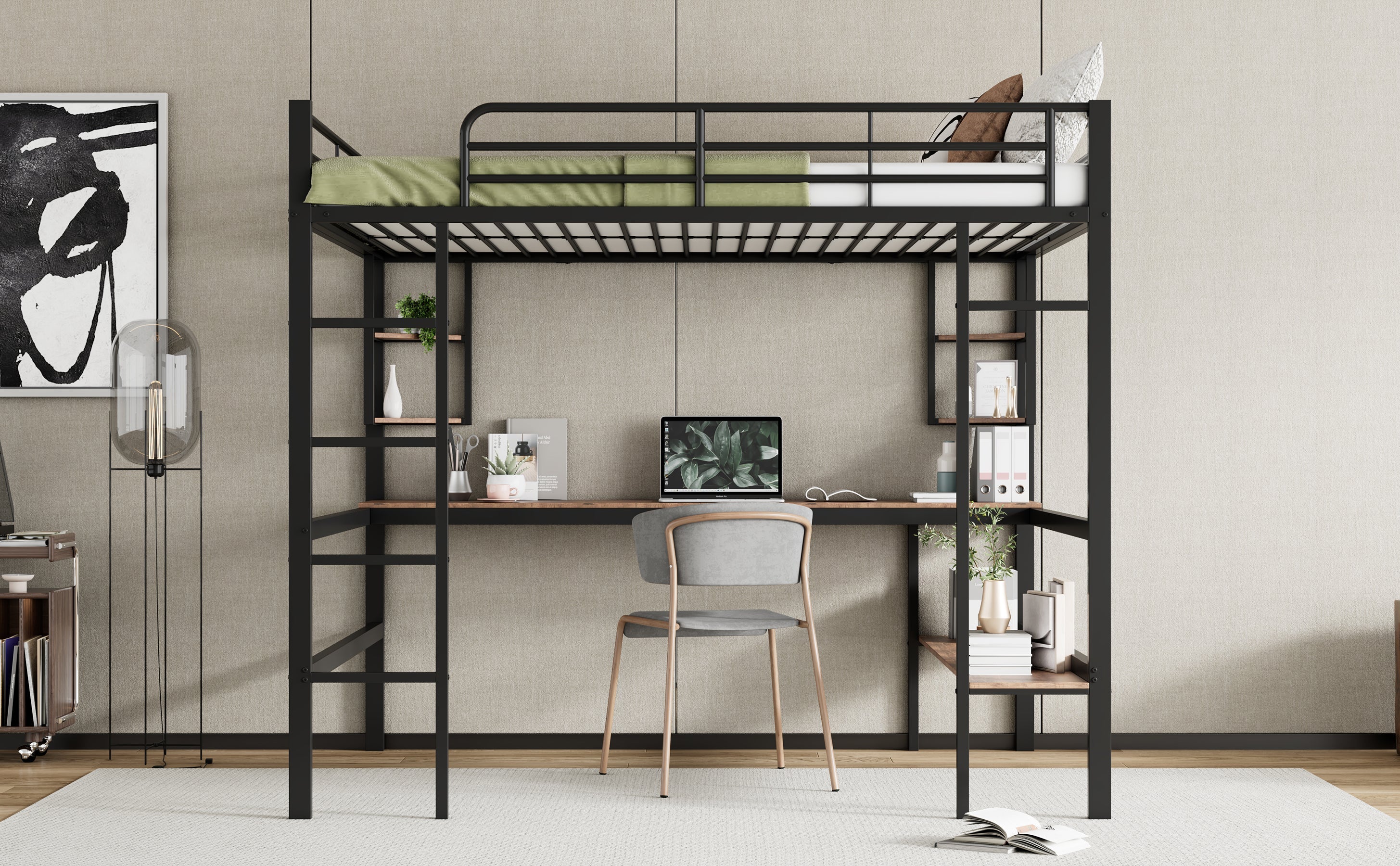 Logidon loft bed 140x200 black with desk and shelves