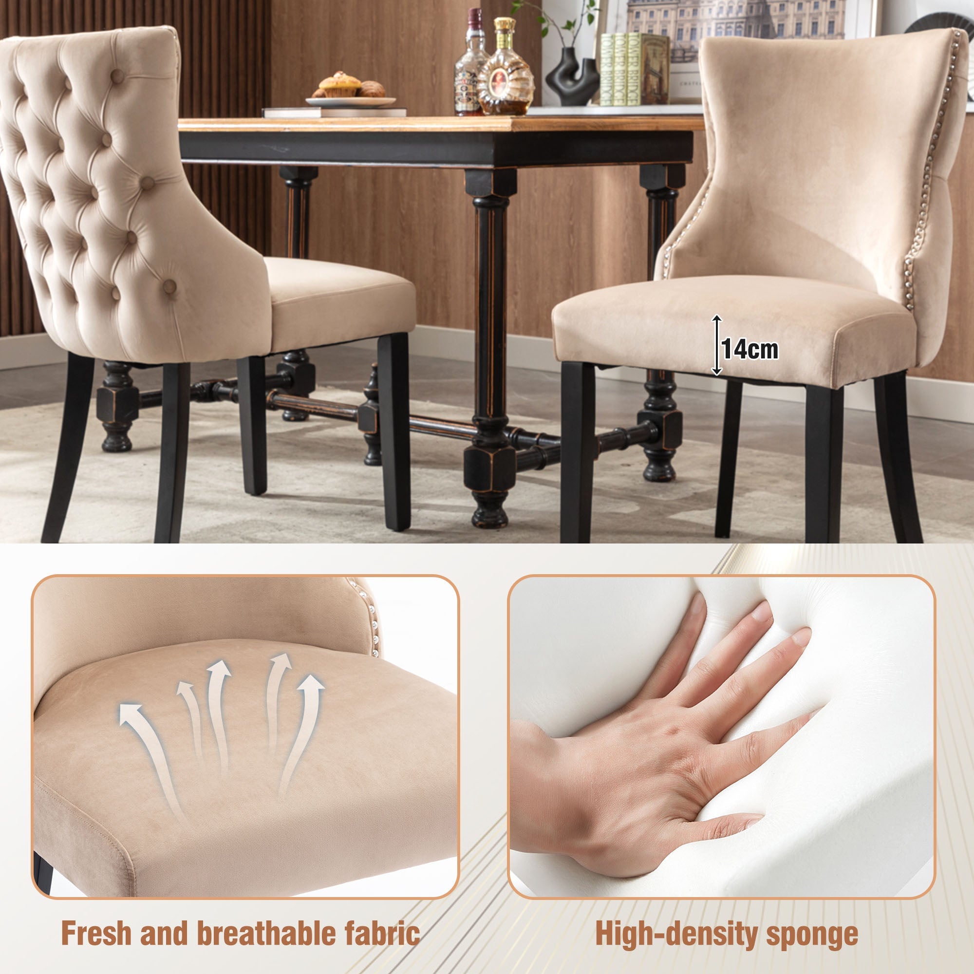 Logidon 4-poots stoel beige fluweel met doorgestikt massief houten frame met knopen