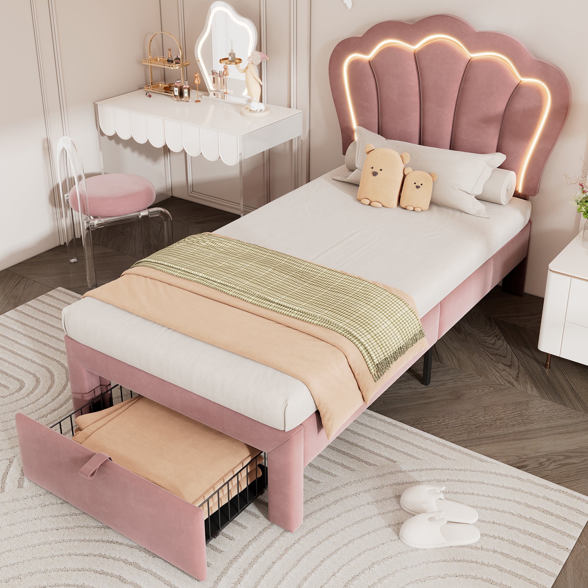 Logidon Kinderbed LED 90x200 Roze met Laden App Bediening