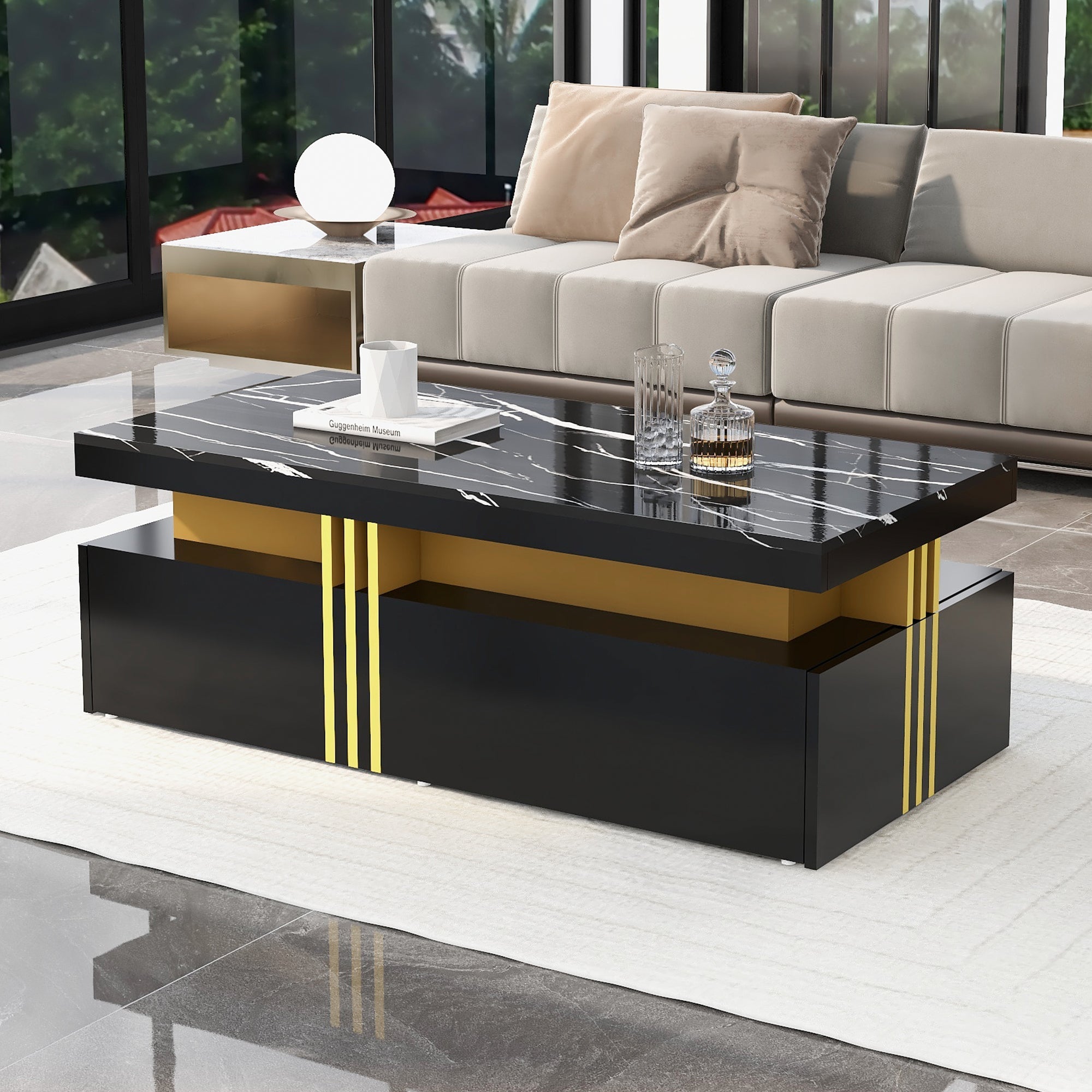 Logidon Zwarte tv-wandmeubelset 2 tv-kast salontafel marmerlook