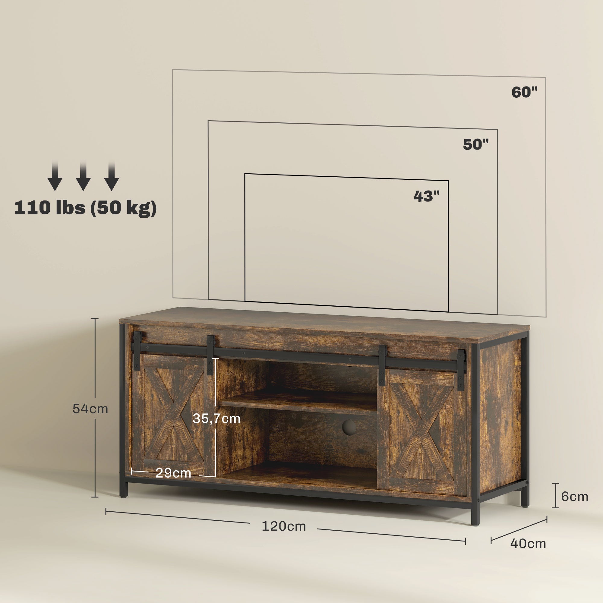 Logidon TV-meubel 120 cm bruin industriële look schuifdeuren