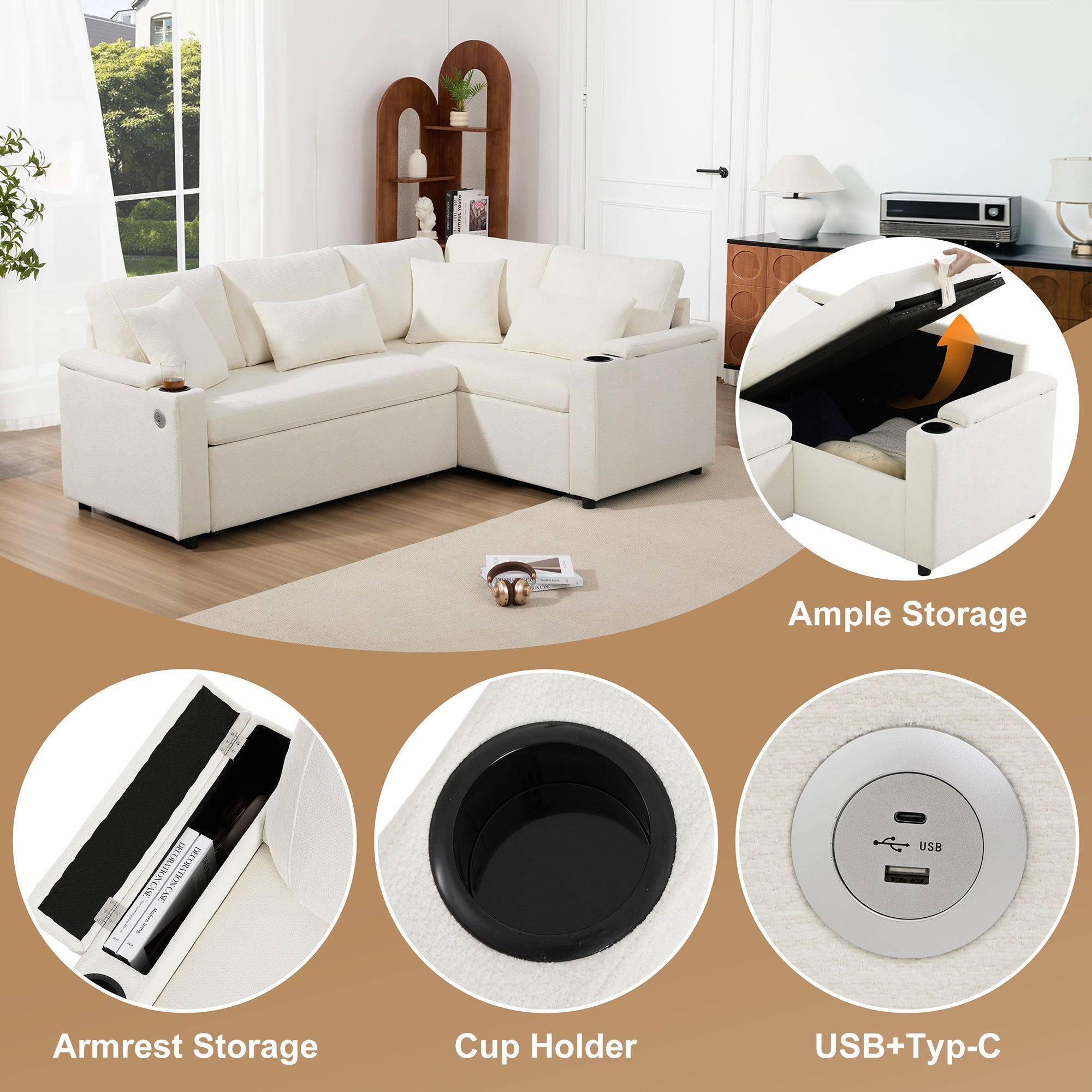 Logidon L-vorm hoekbank beige slaapbank opbergruimte USB-oplaadpoort