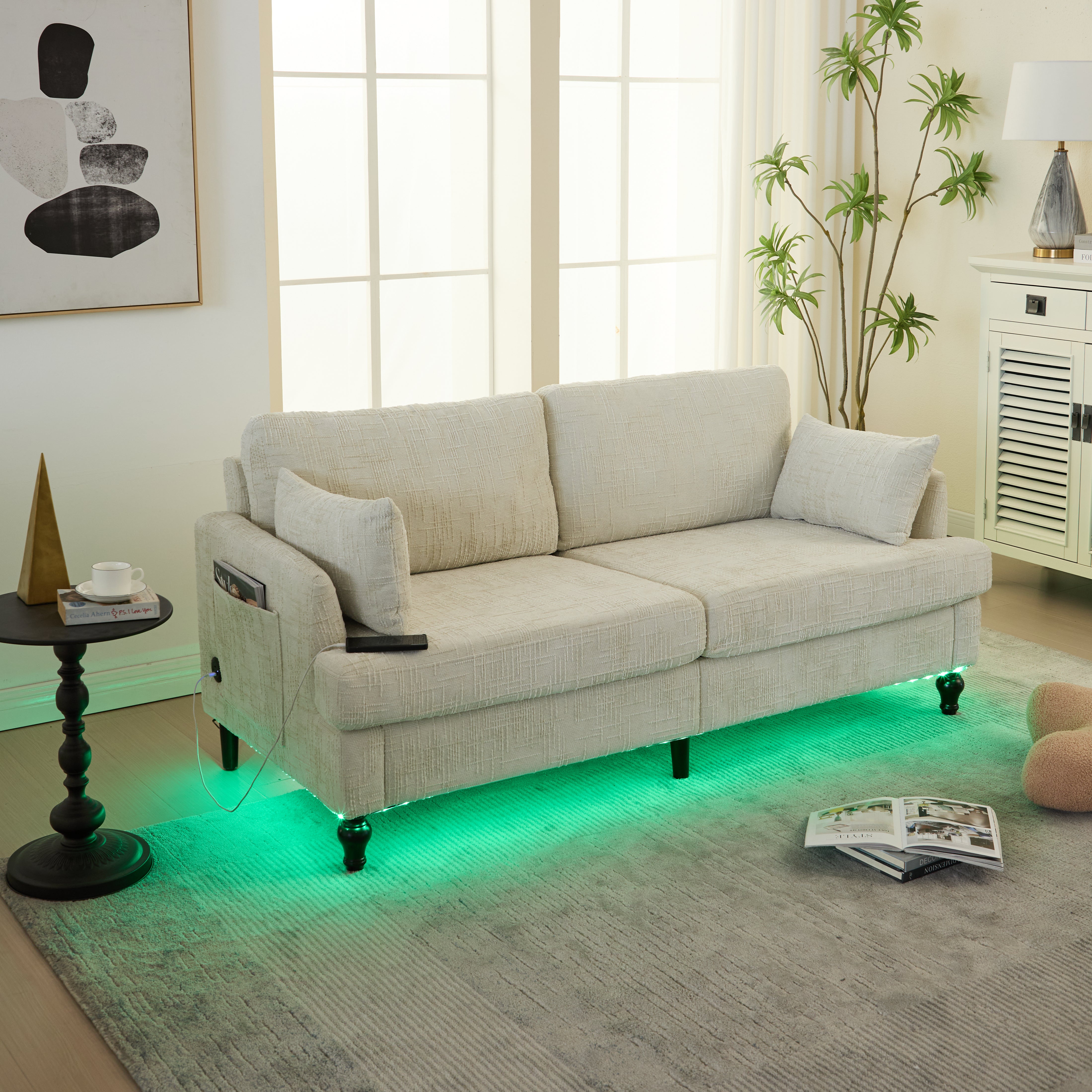 Logidon tweezitsbank van chenille, beige LED-USB-opbergruimte, houten poten