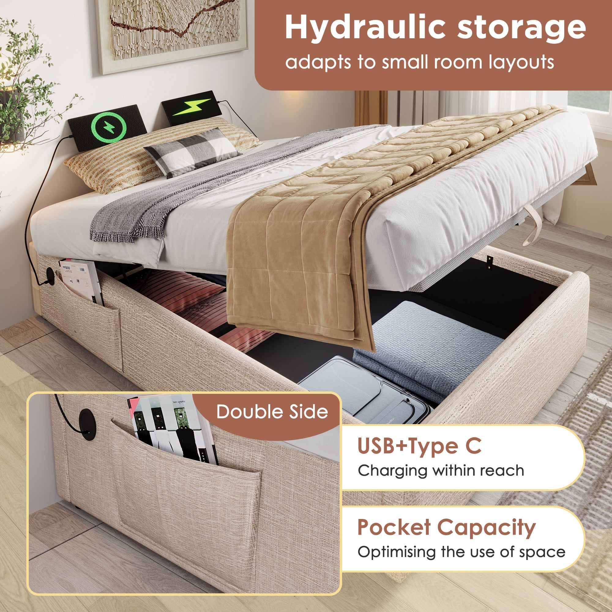 Logidon upholstered bed double bed 160x200 beige USB-C ports and storage space