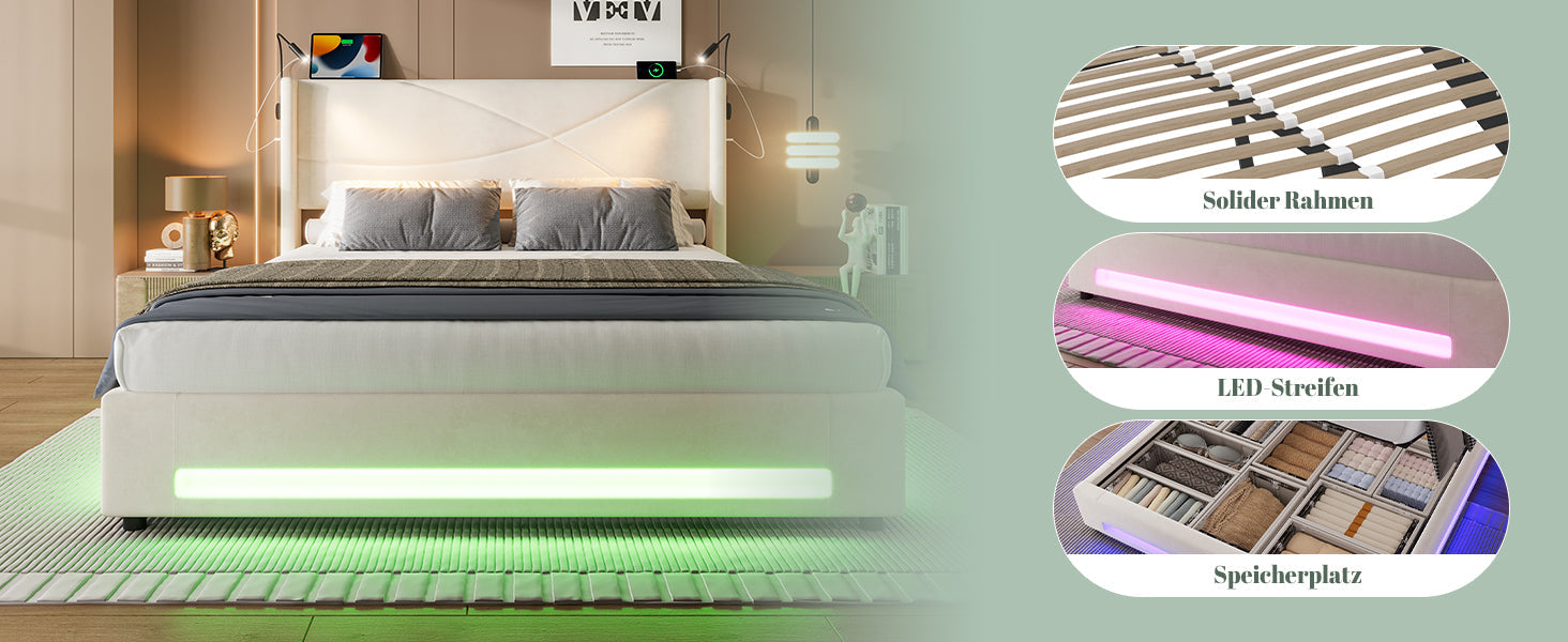Logidon bedframe 160x200 cm beige fluweel met opbergruimte LED