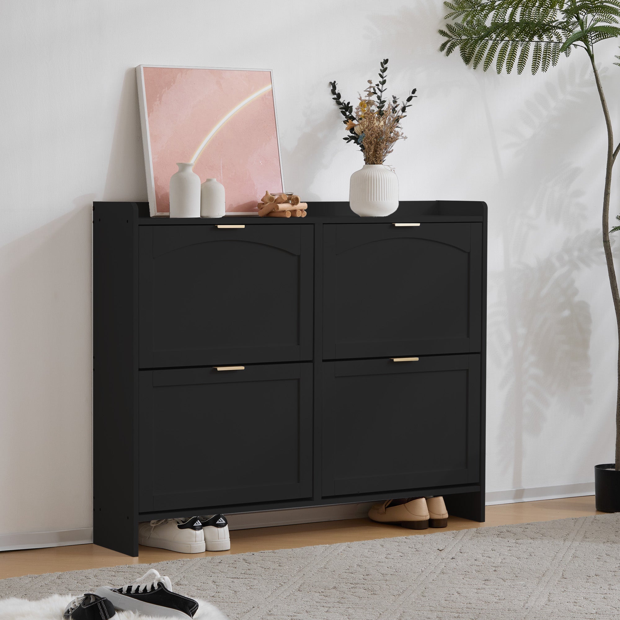 Logidon Moderne Schoenenkast Met 4 Kleppen Zwart 110 x 24 x 90 cm