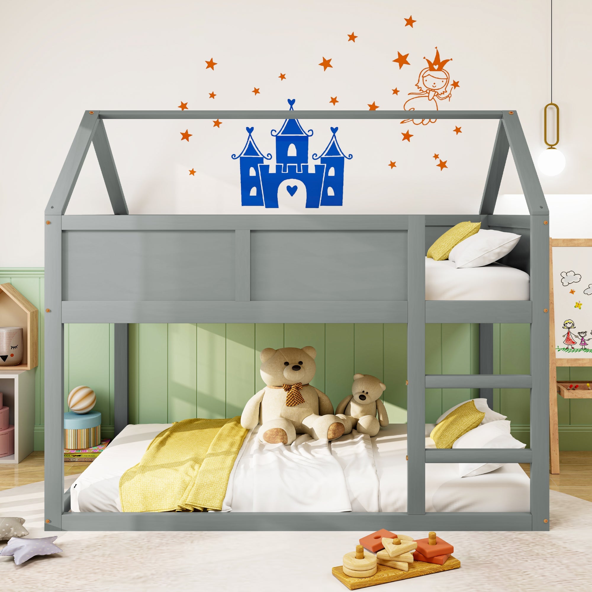 Logidon laag kinderbed 90x200 grijs met trap massief hout