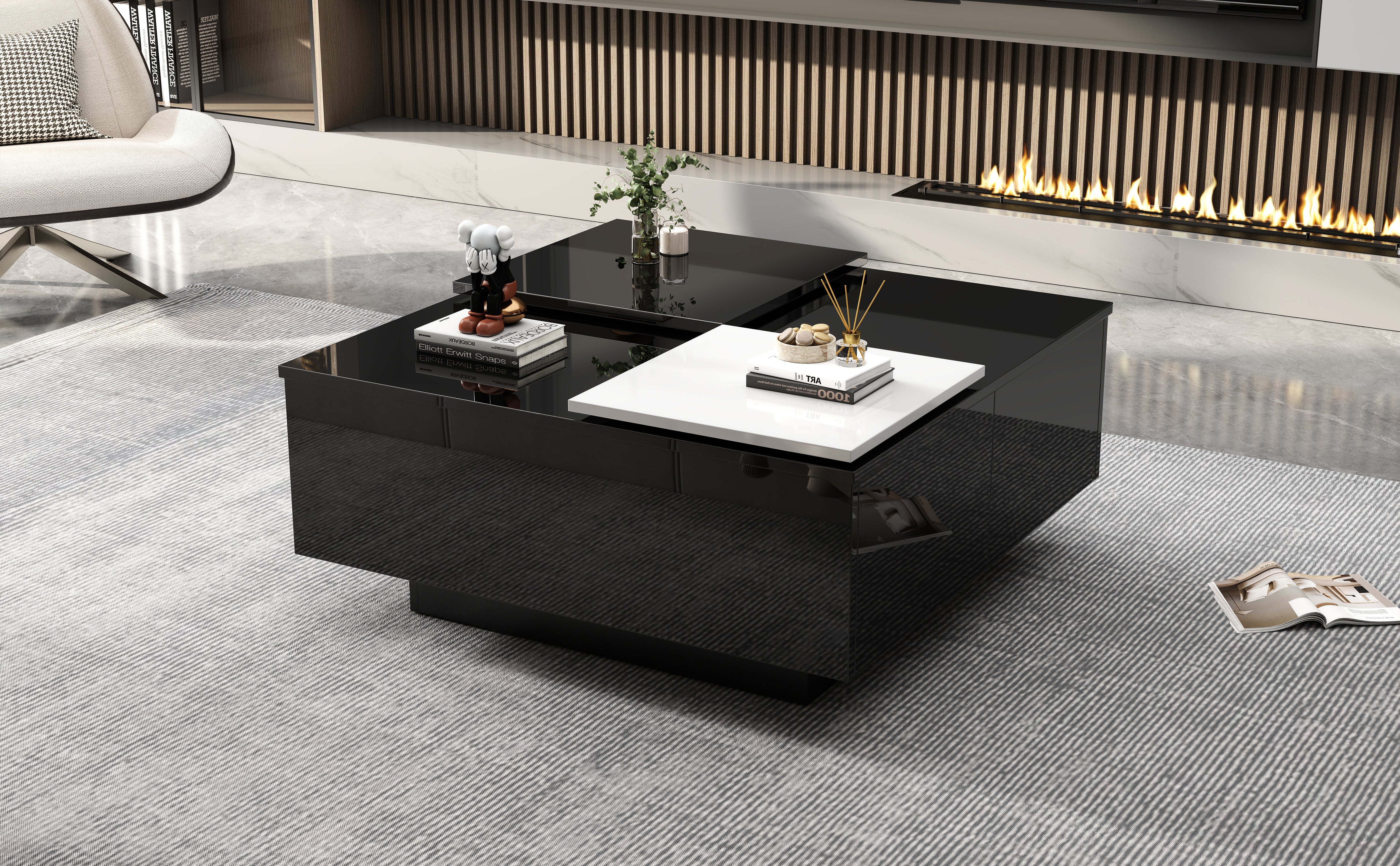 Logidon Hoogglans Salontafel Zwart Wit 75x75 Cm Met 4 Laden