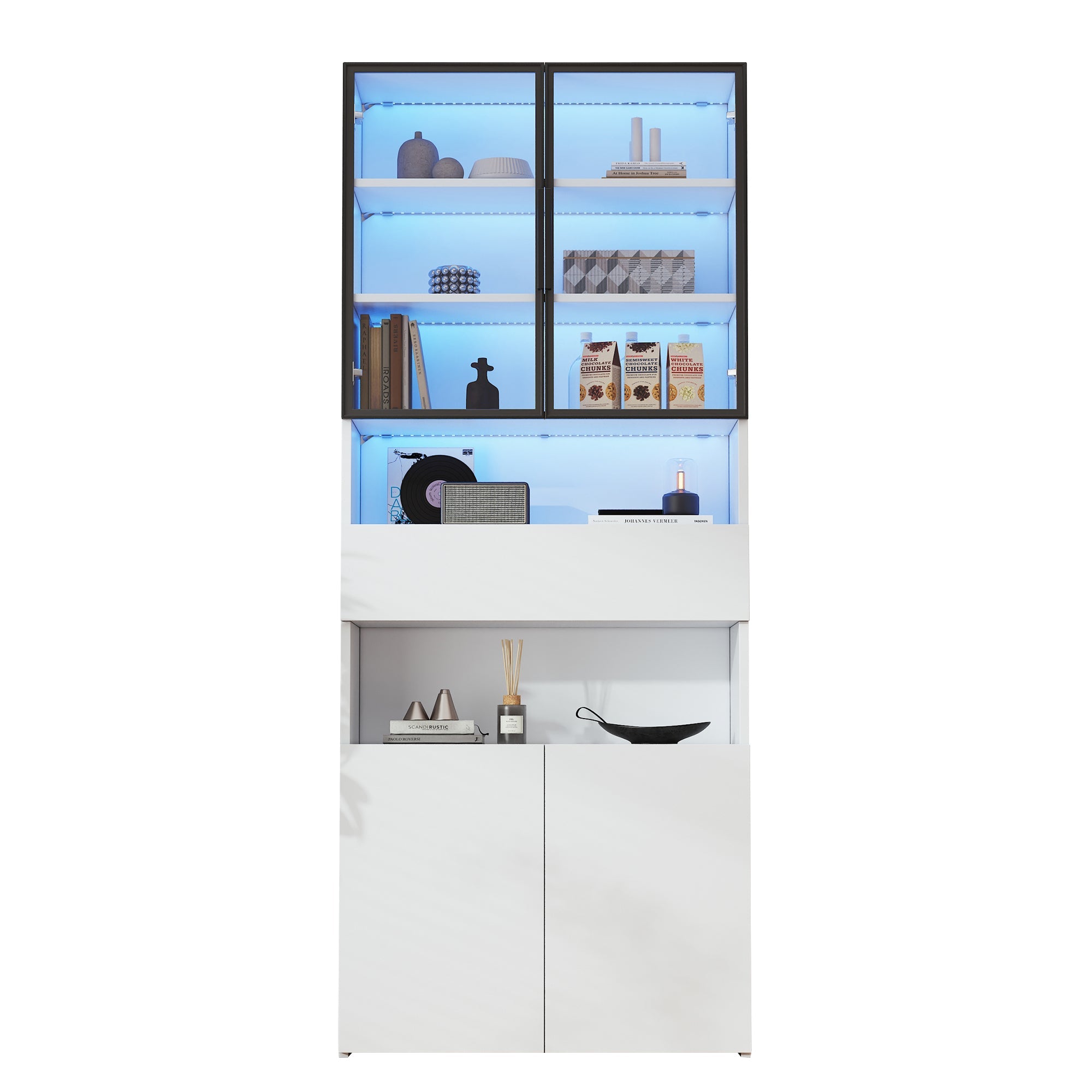 Logidon vitrinekast 70x30x200 cm witte LED glazen vitrinekast met lade