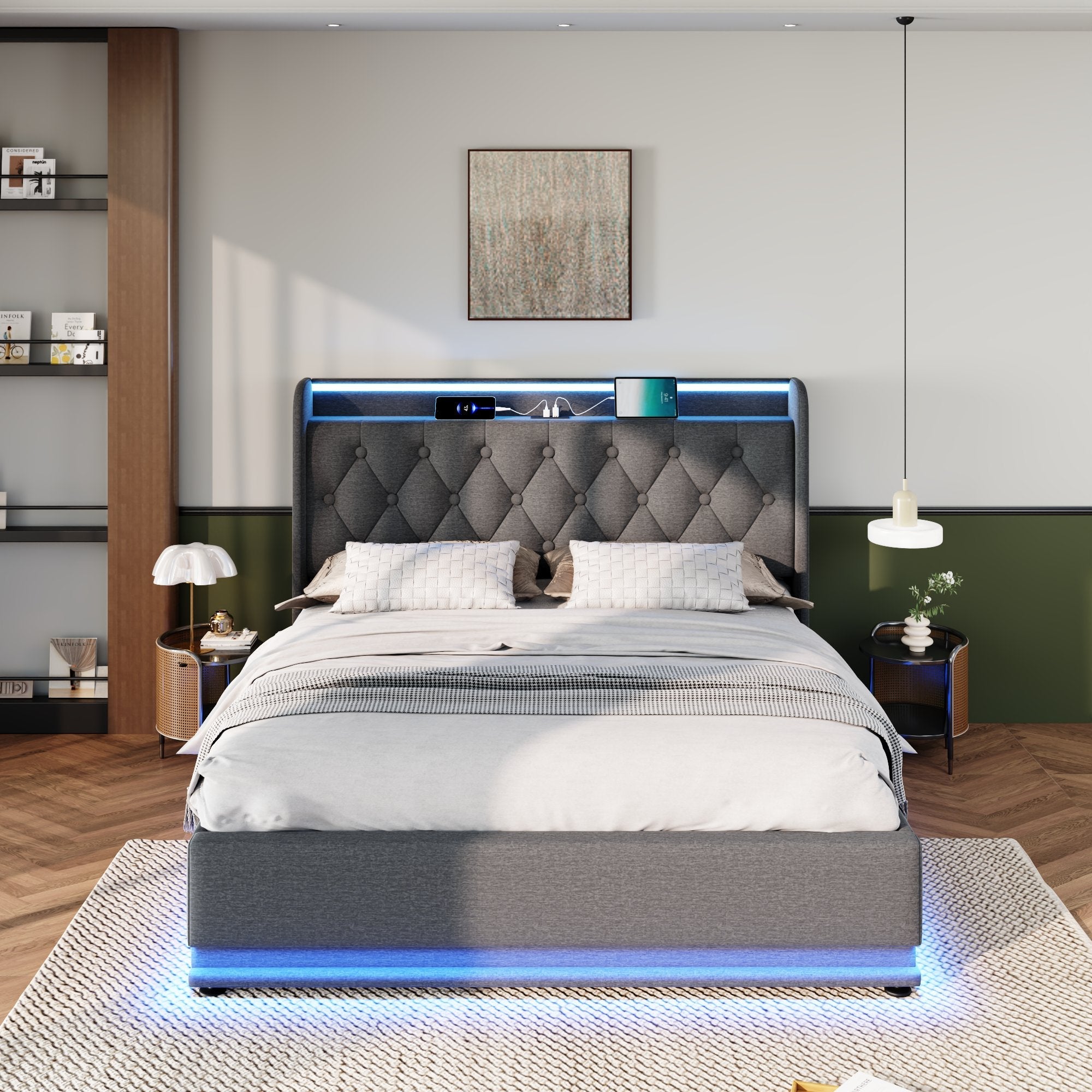 Logidon gestoffeerd bed tweepersoonsbed 180x200 cm grijs linnen LED-verlichting USB C