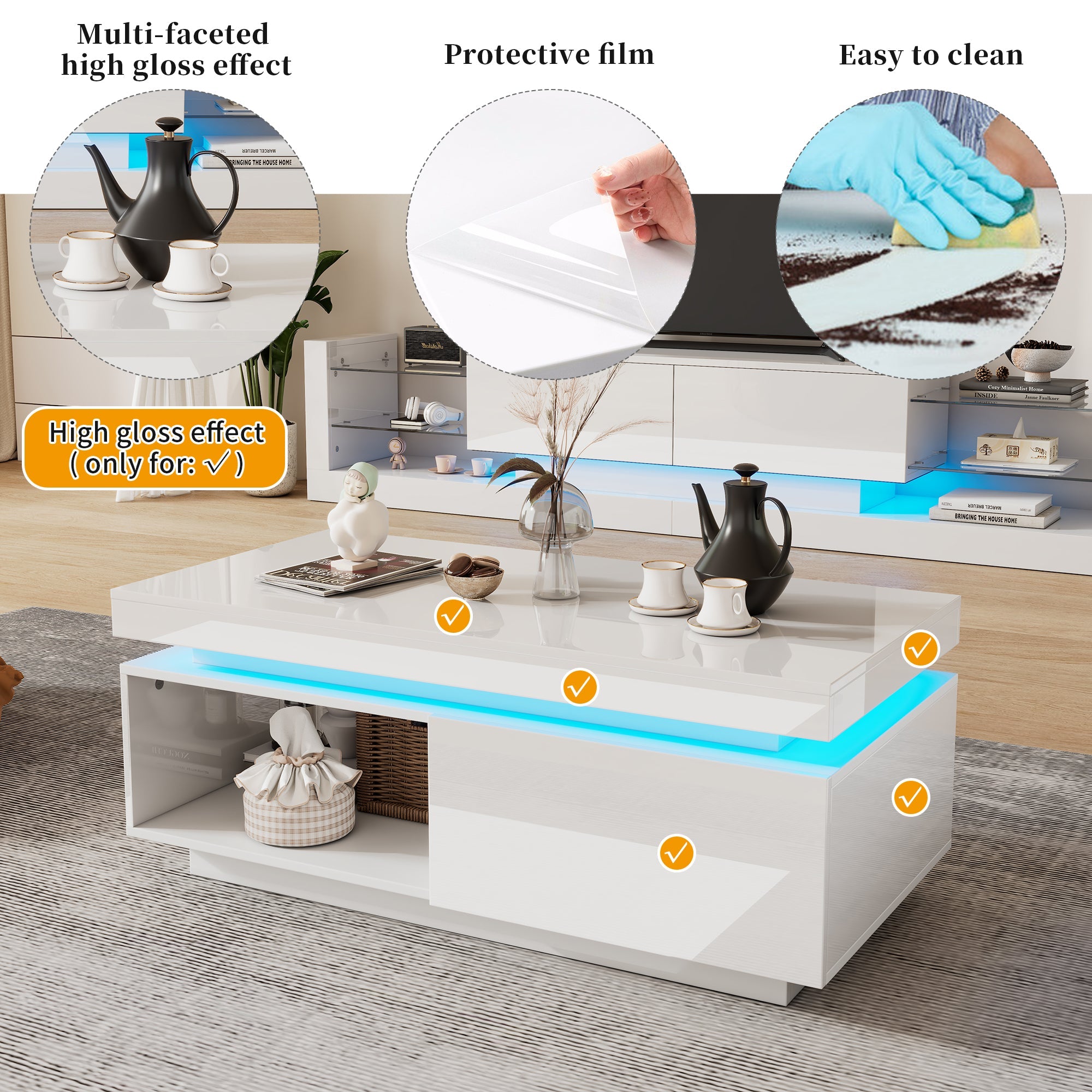 Logidon hoogglans witte salontafel met LED verlichting 100x50x40,3 cm