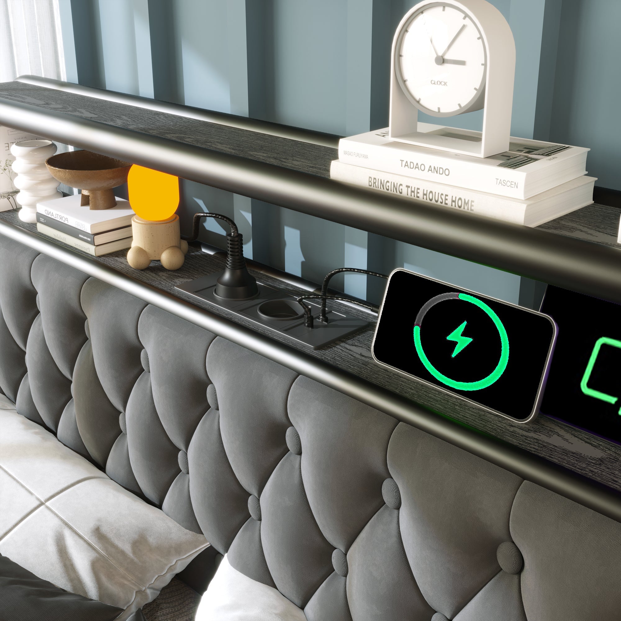 Logidon gestoffeerd bed 140x200 fluweelgrijs met USB C oplaadfunctie APP LED