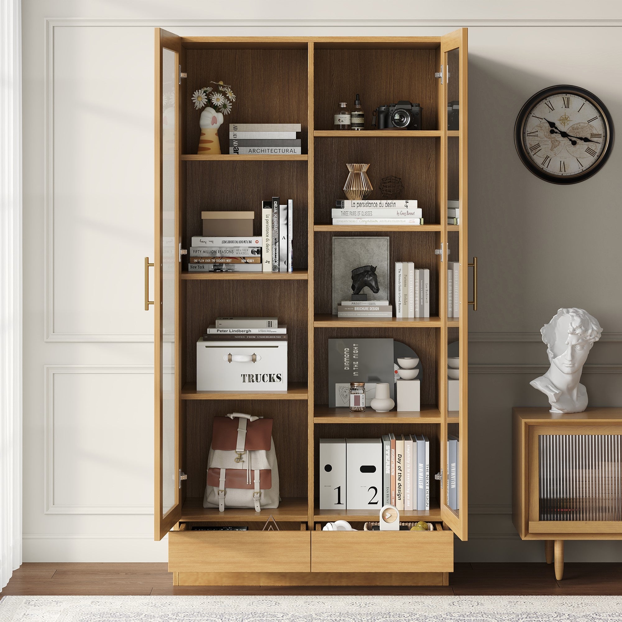 Logidon vitrinekast 80x40x160 cm naturel hout met push-to-open lades