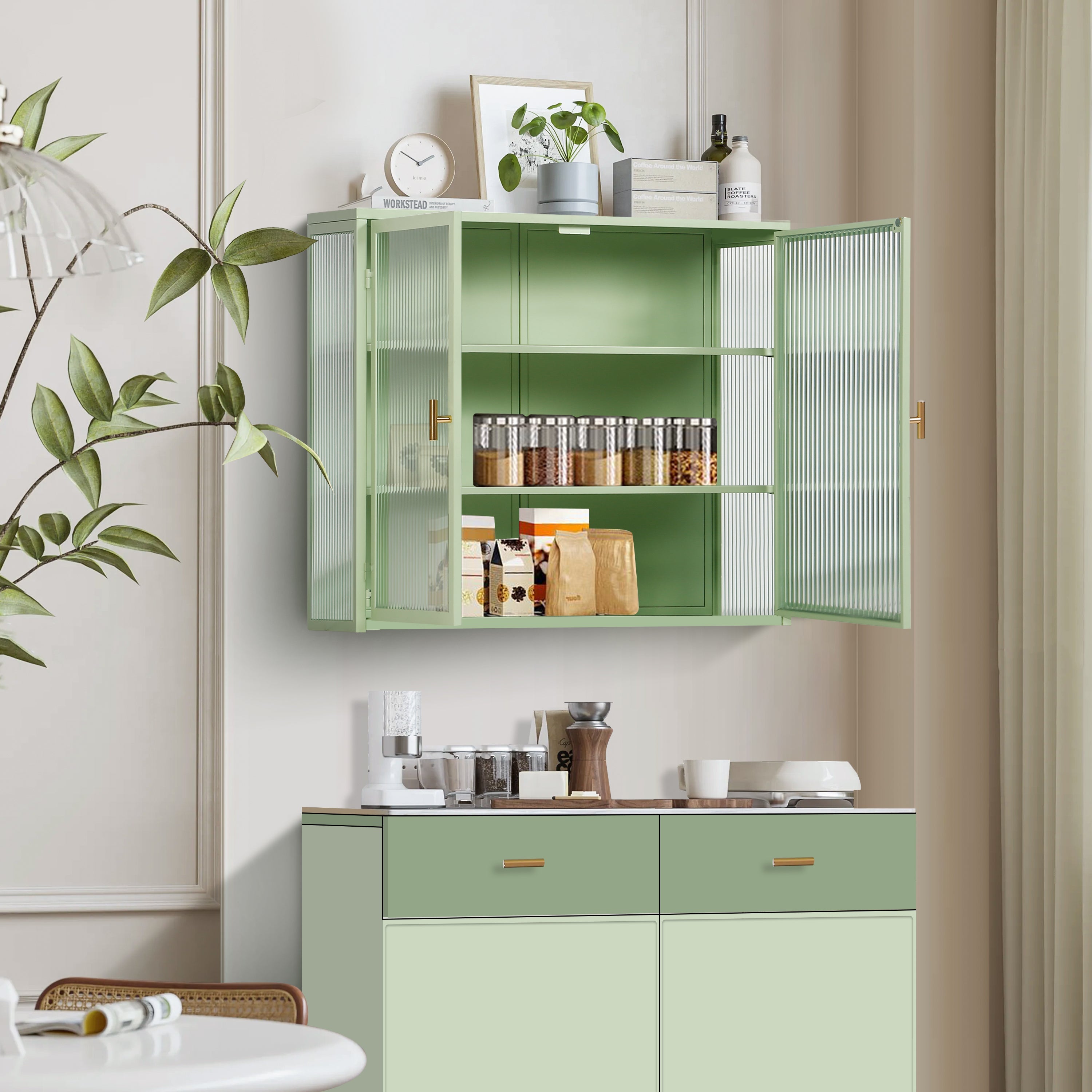 Logidon 70 cm glazen wandvitrinekast met twee deuren mintgroen drie niveaus