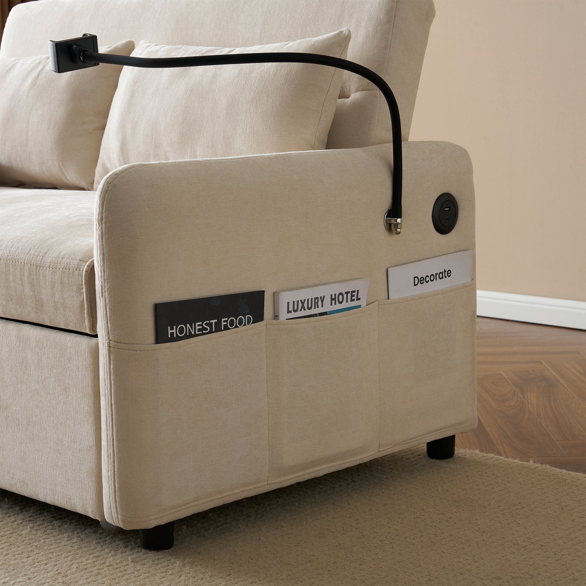 Logidon Modern Double Folding Sofa Beige Chenille With Sleep Function