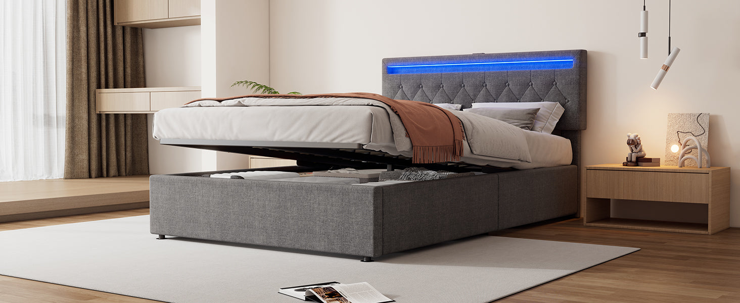 Logidon 140x200 cm gewatteerd bed met sfeerlichtopberger grijs