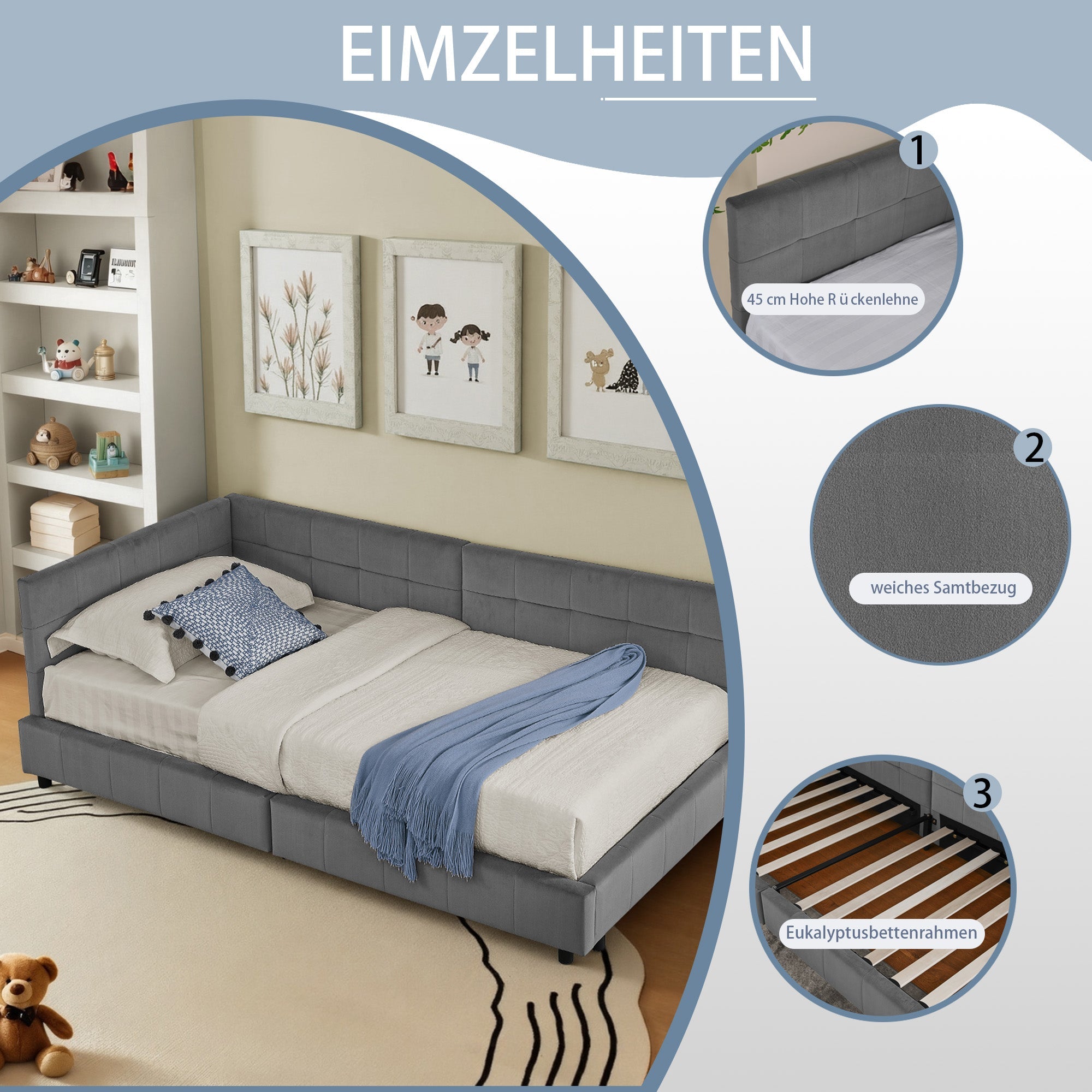 Logidon single bed 90x200 cm velvet dark gray high back