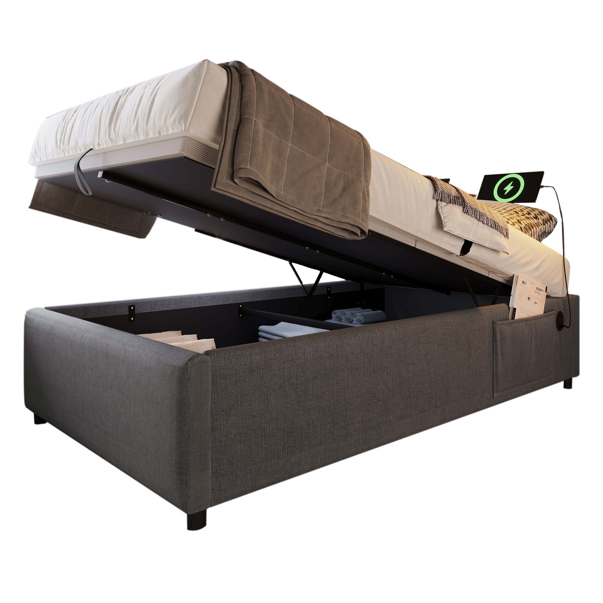 Logidon gestoffeerd bed 90x200 cm grijs met USB-C oplaadfunctie zonder hoofdeinde