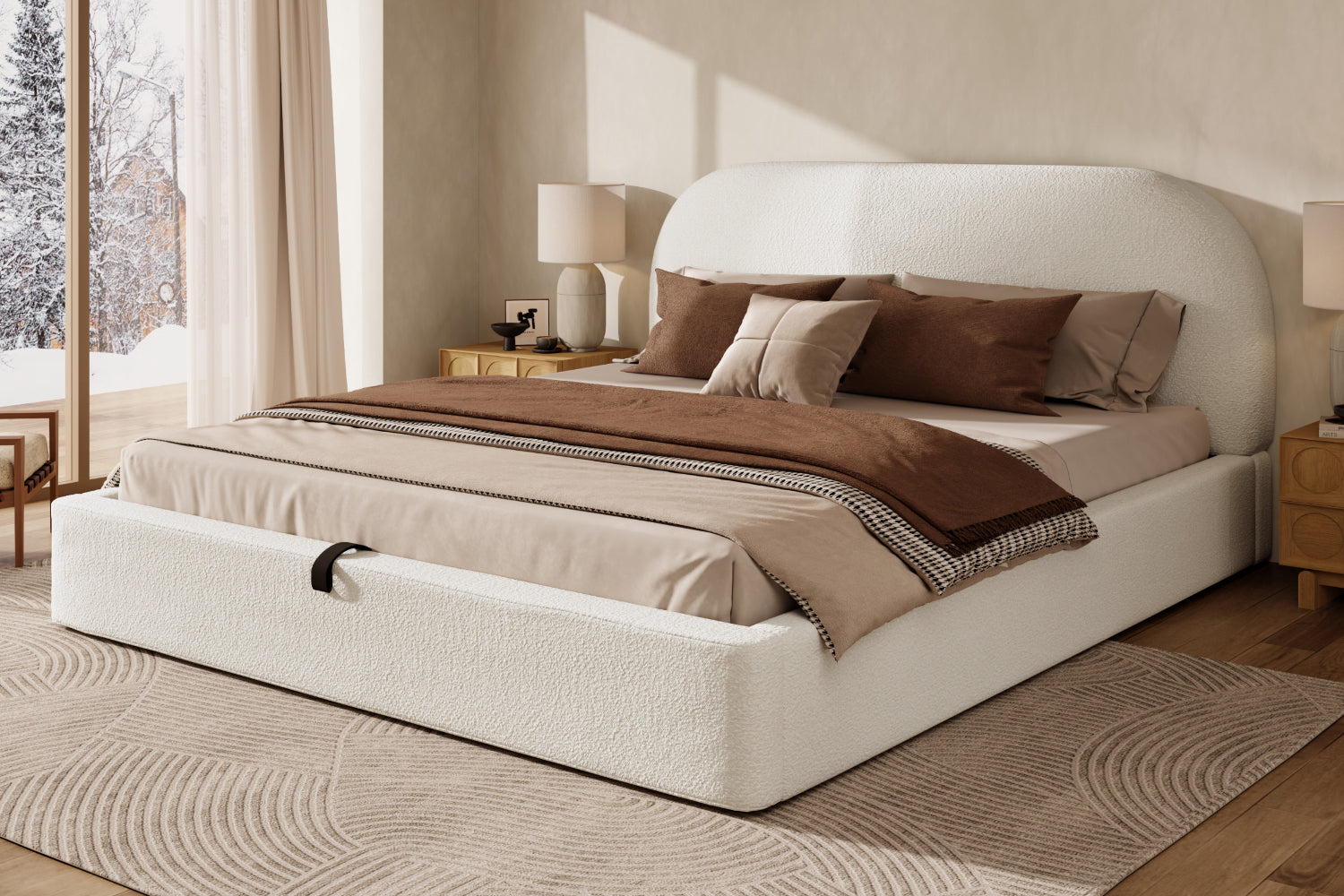 Logidon gestoffeerd bed 180x200 beige bouclé met opbergruimte hydraulische lift