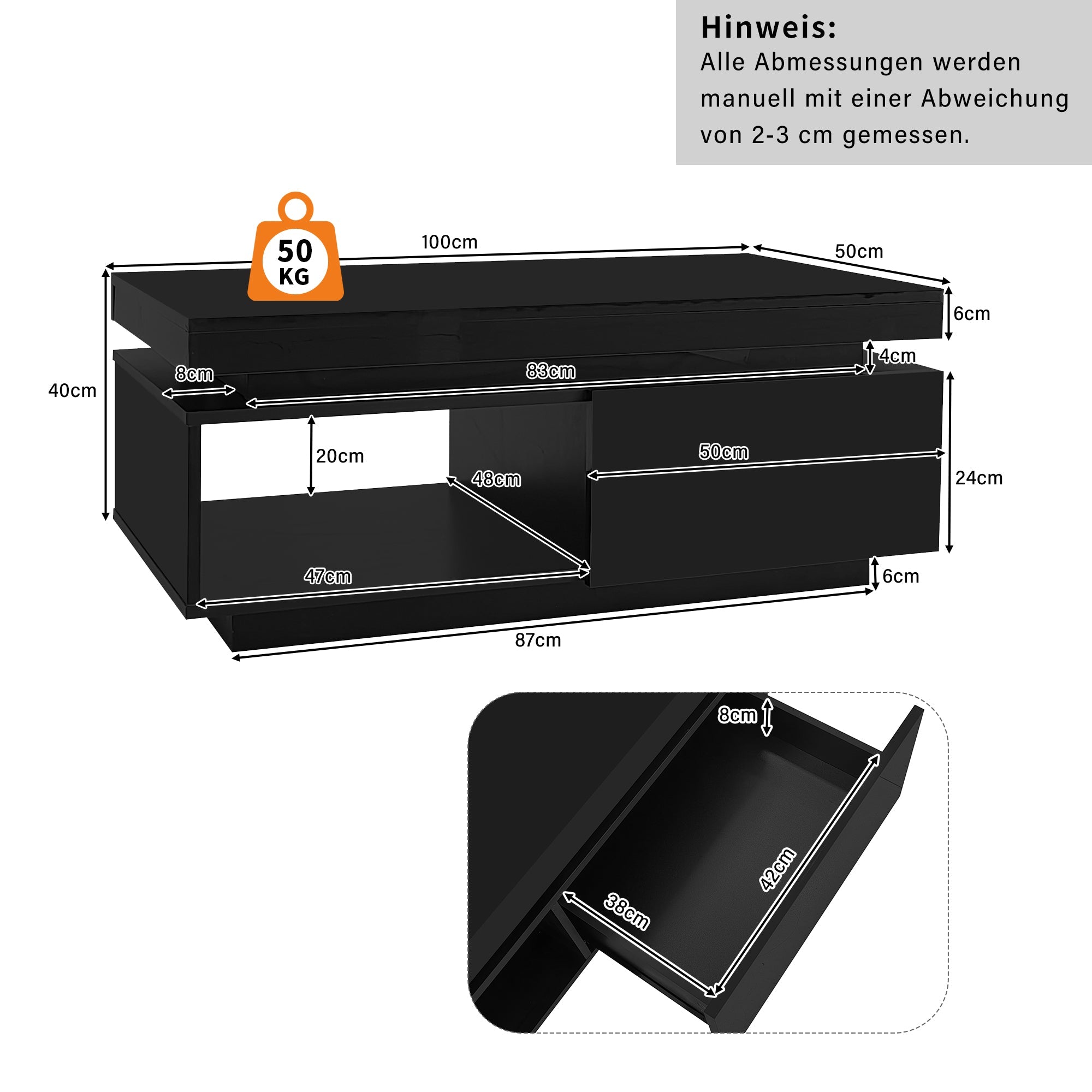 Logidon hoogglans salontafel zwart met LED verlichting 100x50x40 cm