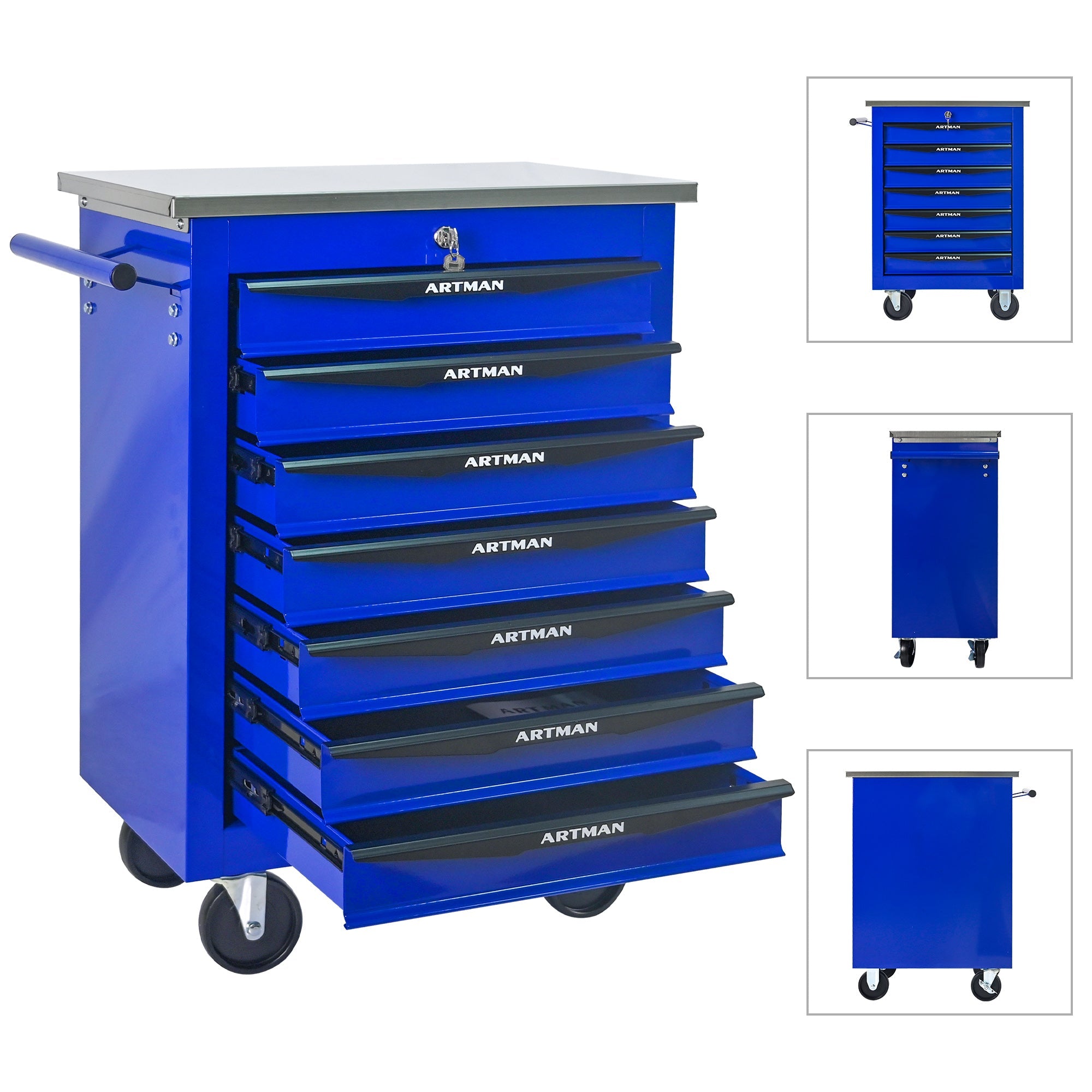 Logidon gereedschapswagen 7 laden blauw stalen wielen RVS dak