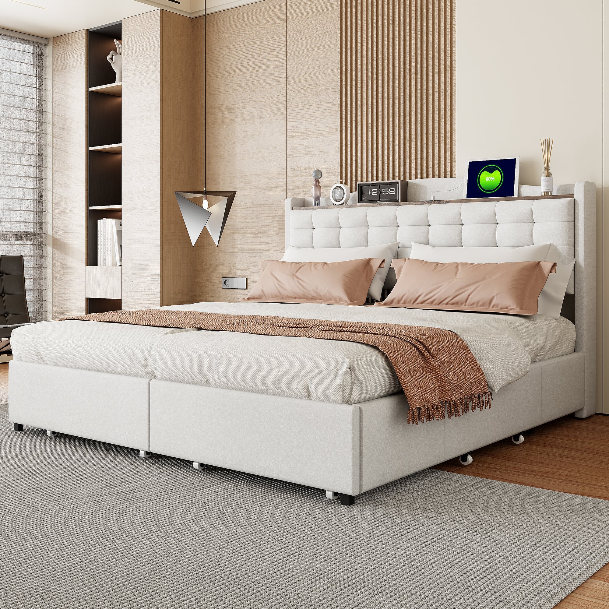 Logidon gestoffeerd bed 160x200 cm beige linnen stof USB-oplaadpoort
