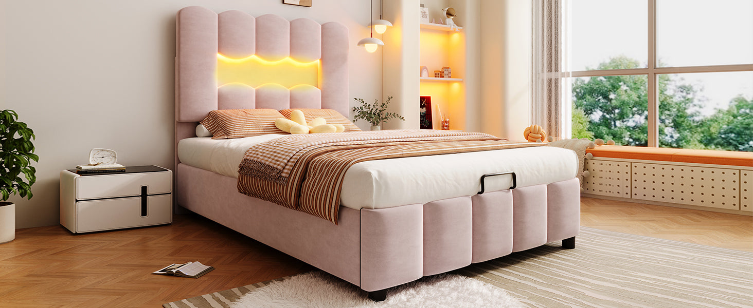 Logidon upholstered bed 90x200 pink velvet LED lighting hydraulic