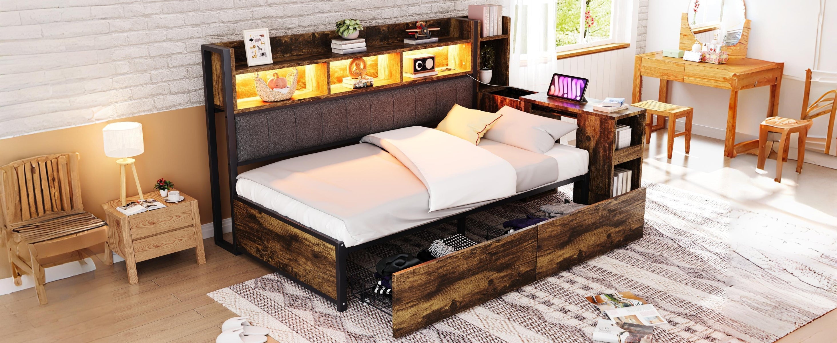 Logidon ijzeren slaapbank 90 x 200 cm houtlook opbergruimte LED