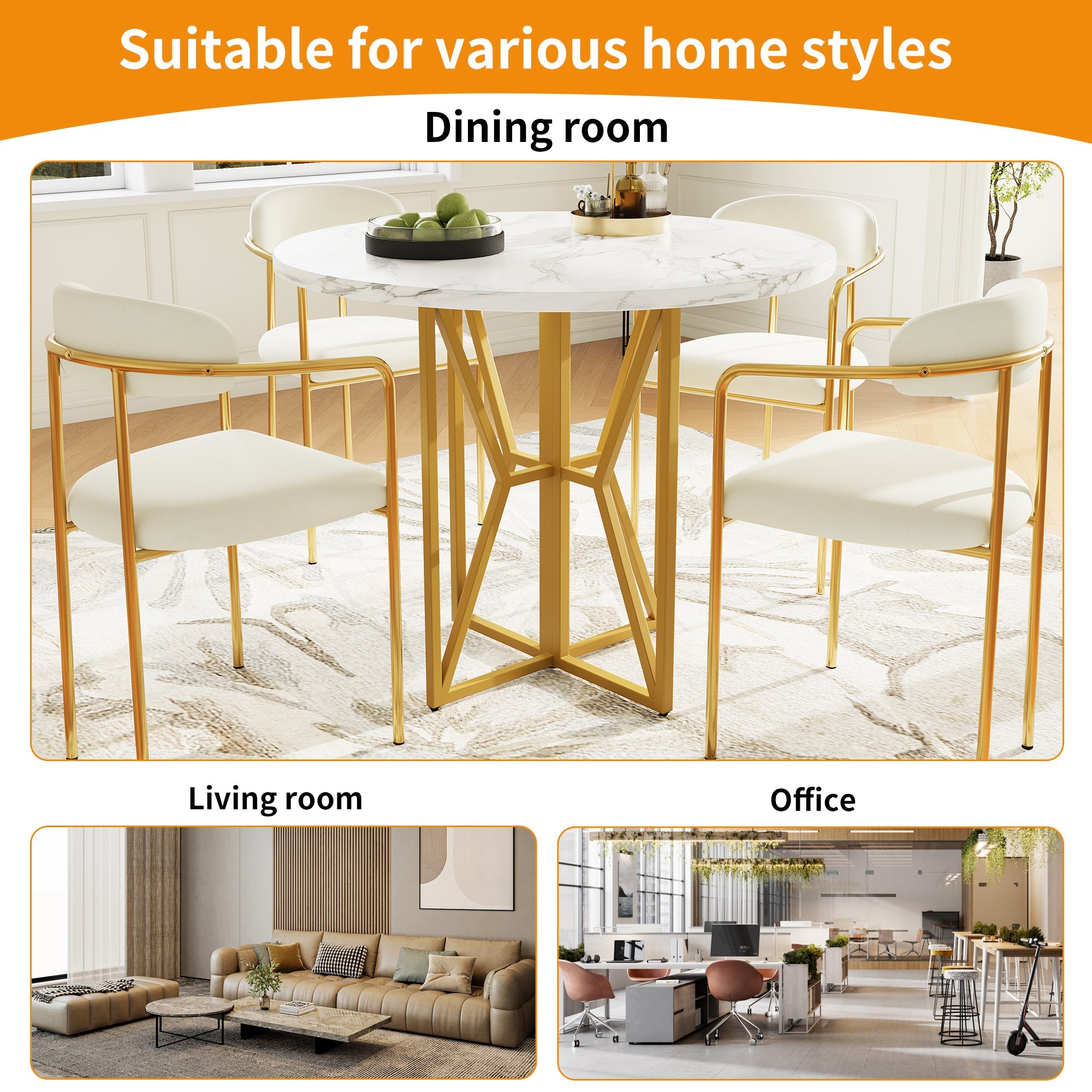 Logidon ronde eettafel 80x80 cm marmerlook gouden poten 4-6 personen