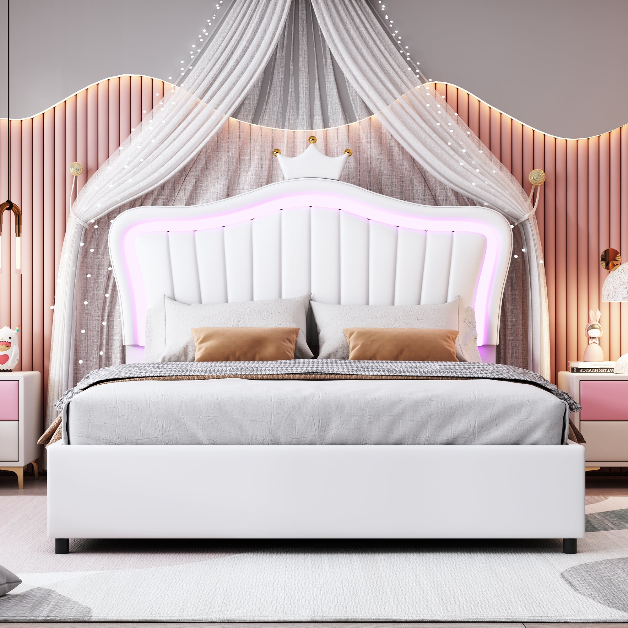 Logidon kinderbed 140 x 200 cm gestoffeerd bed met opbergruimte LED wit