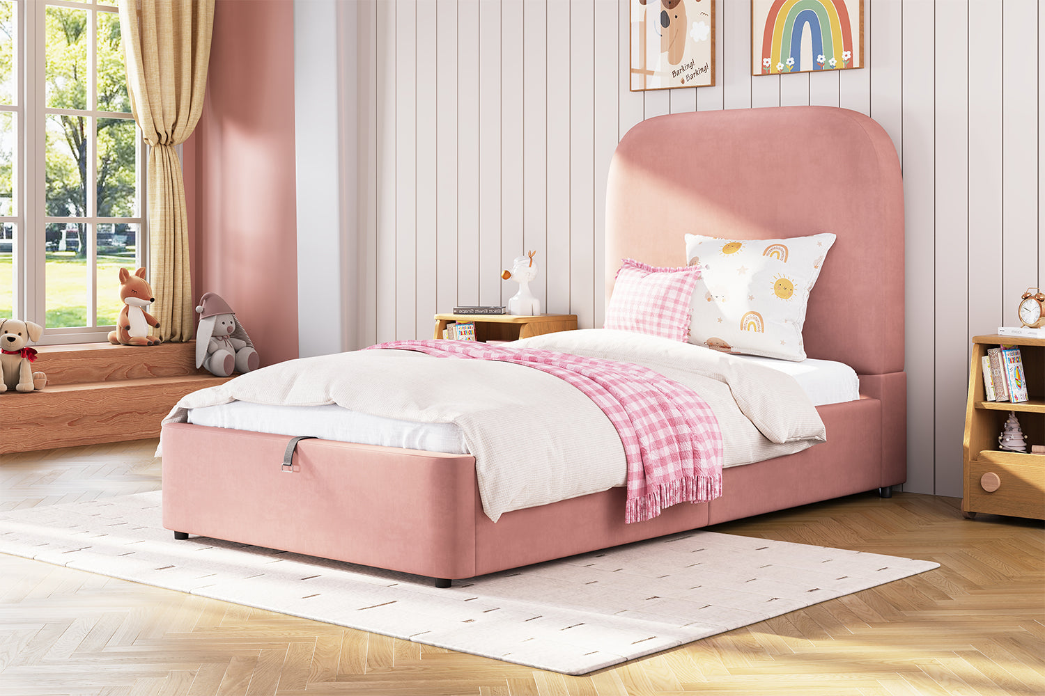 Logidon gestoffeerd bed 90x200 roze hydraulisch met opbergruimte fluweel